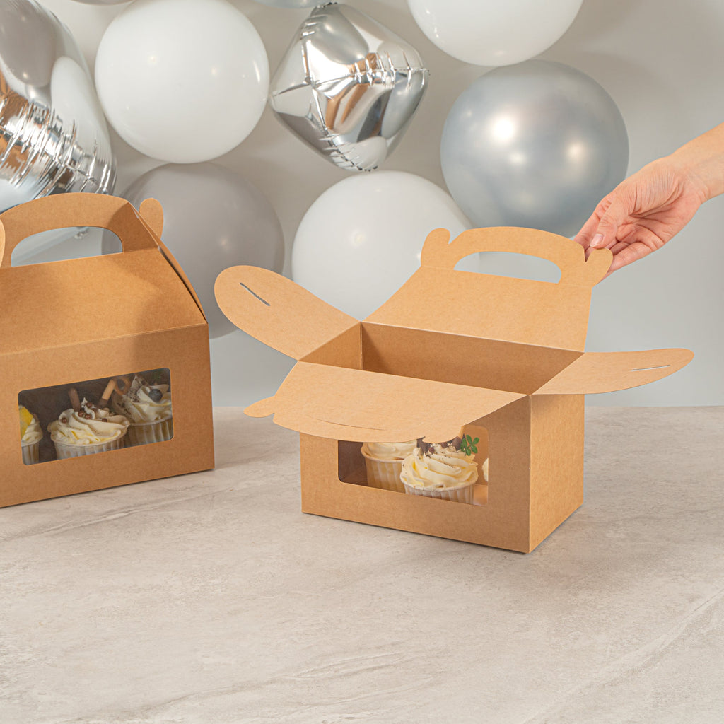 Bio Tek Kraft Paper Gable Box / Take Out Container - Greaseproof, with Window - 8 1/2" x 4 3/4" x 5 1/2" - 25 count box