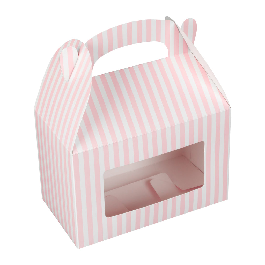 Bio Tek Pink and White Stripe Paper Gable Box / Take Out Container - with Window - 8 1/2" x 4 3/4" x 5 1/2" - 100 count box