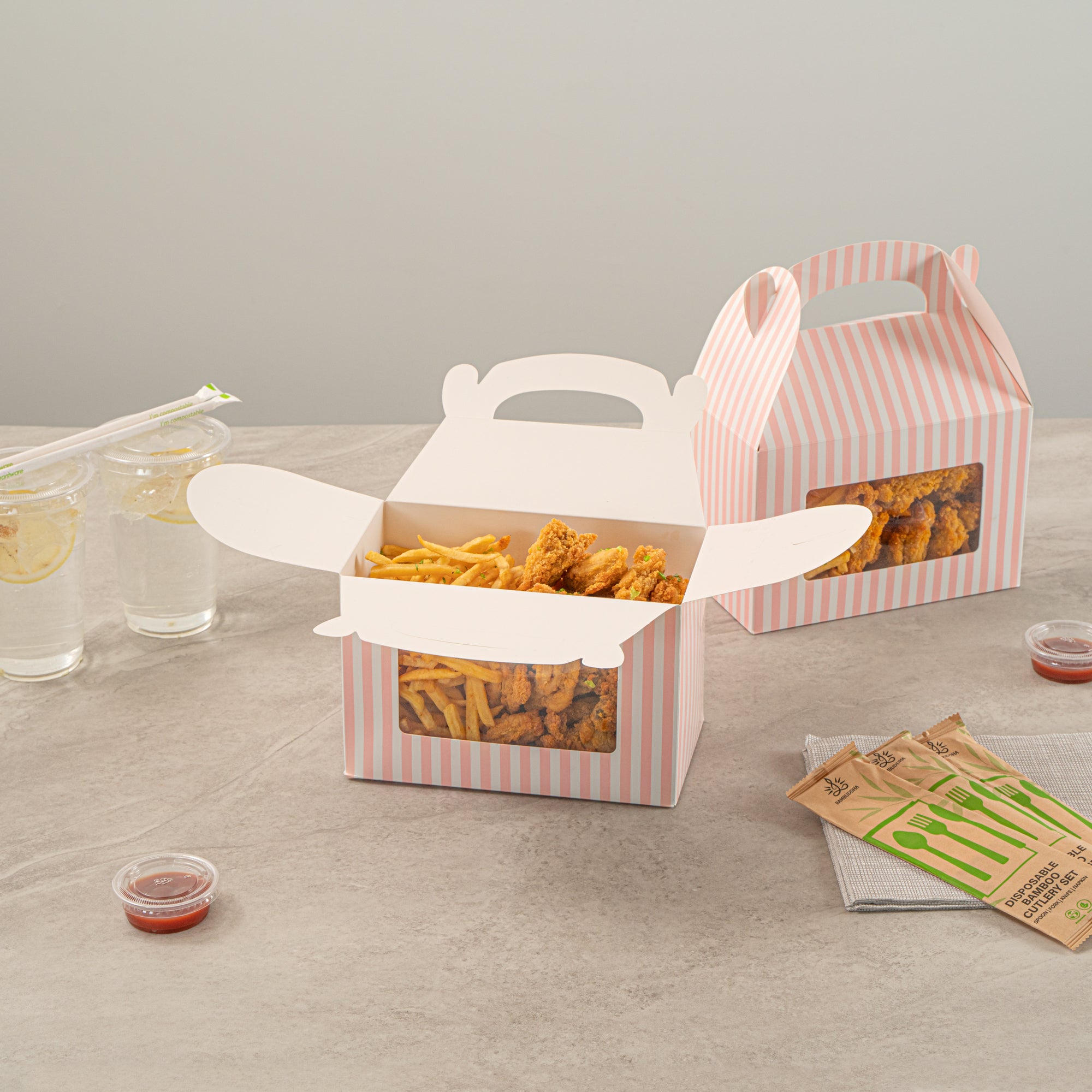 Bio Tek Pink and White Stripe Gable Box / Take Out Container - with Window - 8 1/2" x 4 3/4" x 5 1/2" - 25 count box