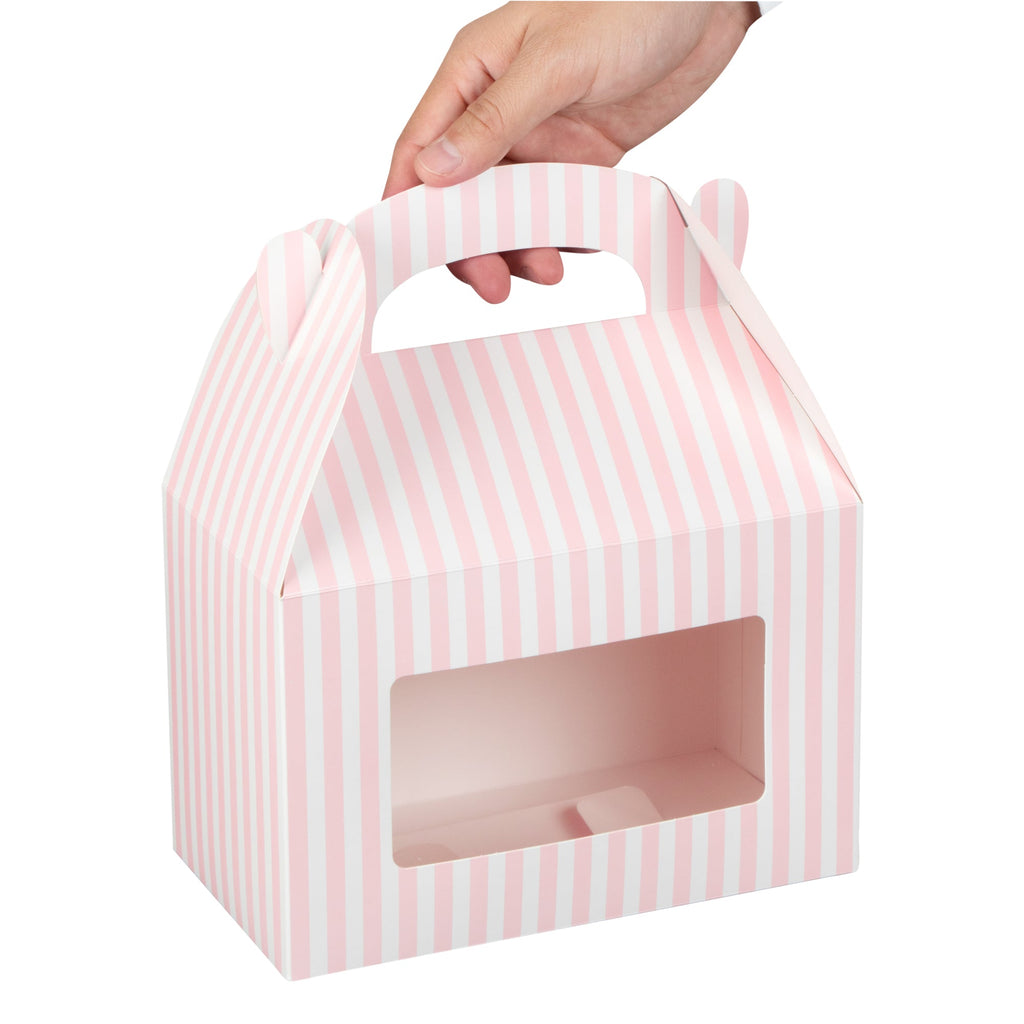 Bio Tek Pink and White Stripe Gable Box / Take Out Container - with Window - 8 1/2" x 4 3/4" x 5 1/2" - 25 count box