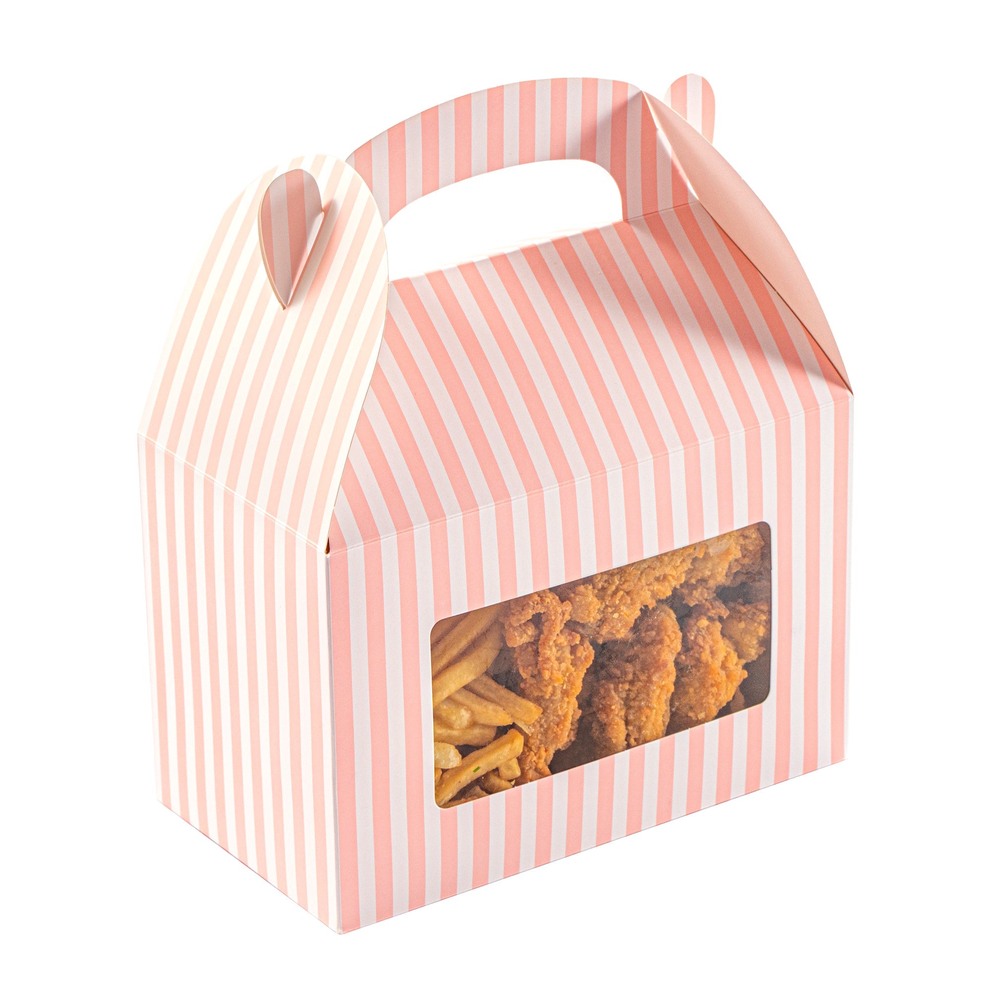 Bio Tek Pink and White Stripe Gable Box / Take Out Container - with Window - 8 1/2" x 4 3/4" x 5 1/2" - 25 count box