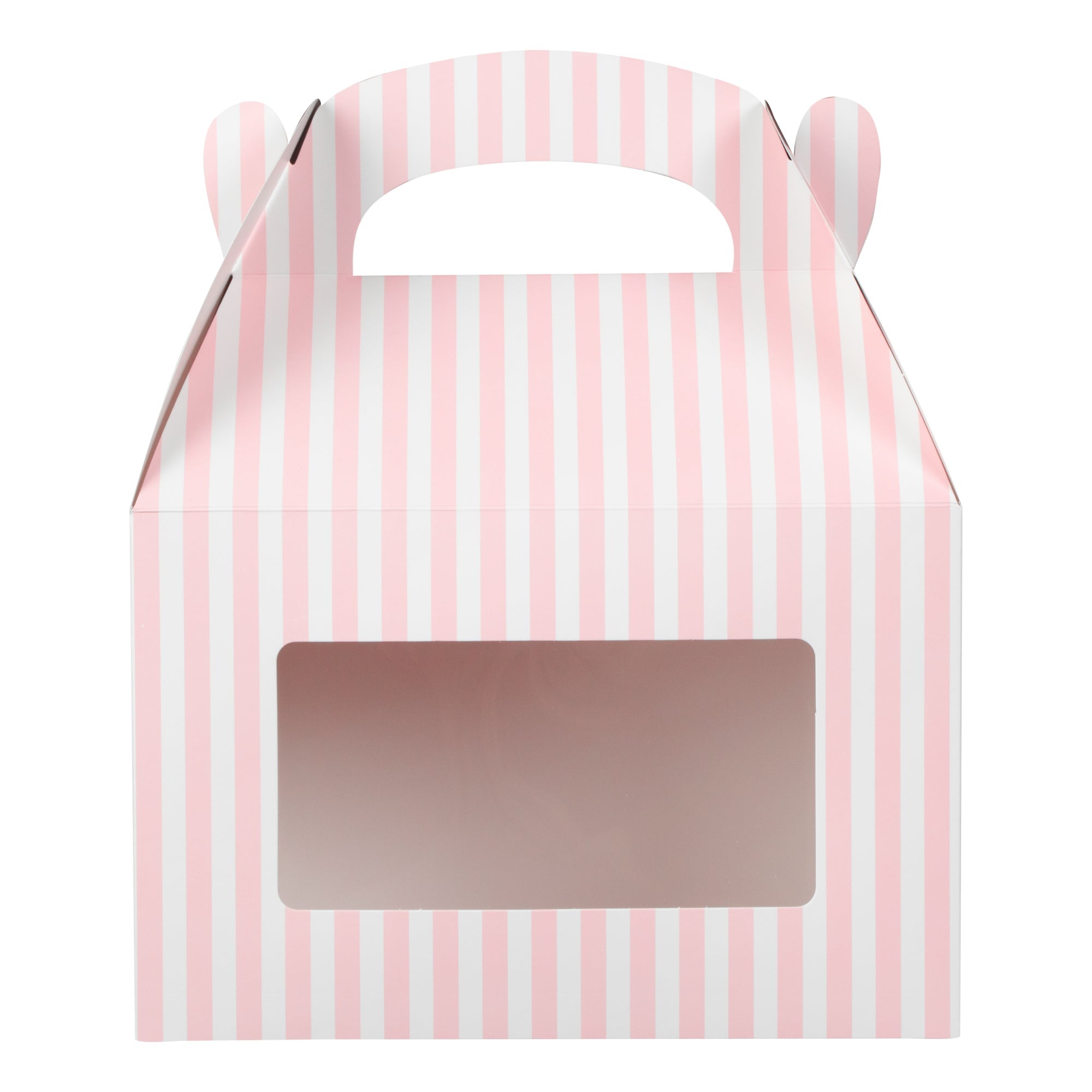 Bio Tek Pink and White Stripe Gable Box / Take Out Container - with Window - 8 1/2" x 4 3/4" x 5 1/2" - 25 count box