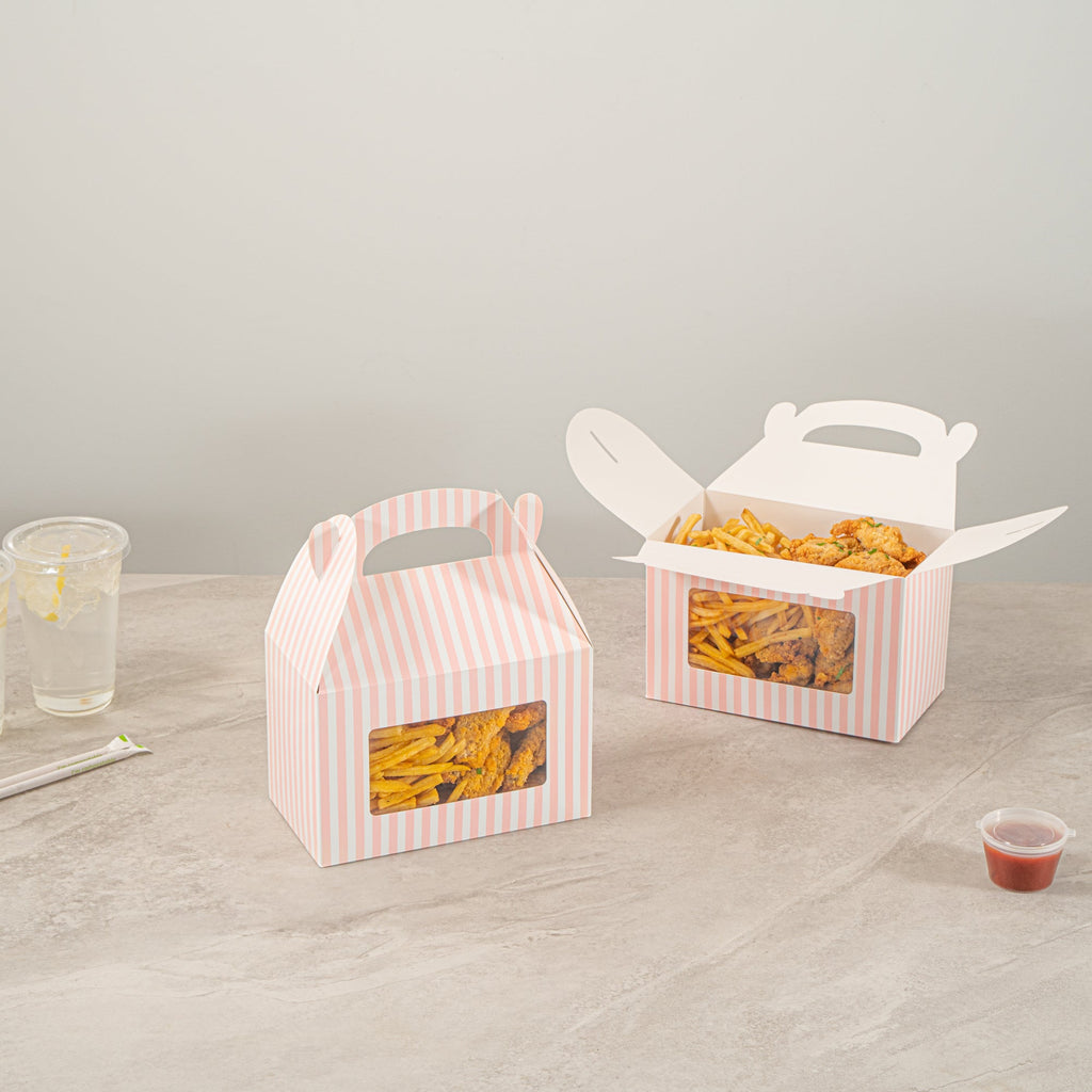 Bio Tek Pink and White Stripe Gable Box / Take Out Container - with Window - 8 1/2" x 4 3/4" x 5 1/2" - 25 count box