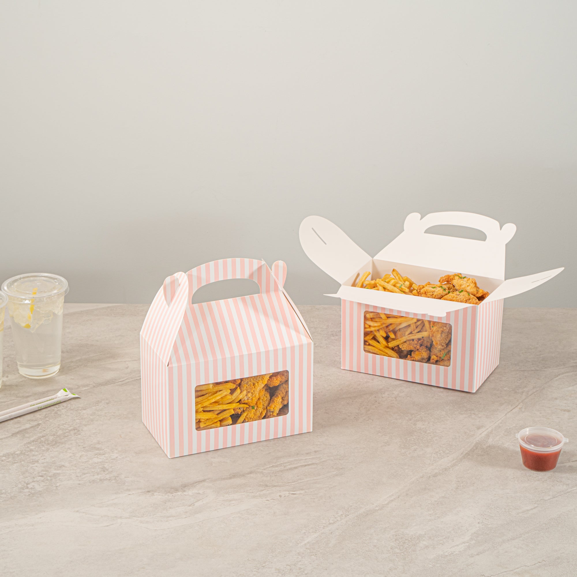 Bio Tek Pink and White Stripe Gable Box / Take Out Container - with Window - 8 1/2" x 4 3/4" x 5 1/2" - 25 count box
