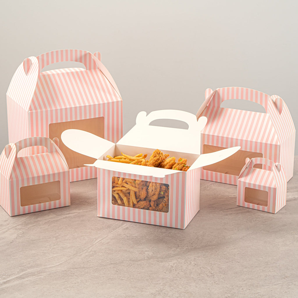 Bio Tek Pink and White Stripe Gable Box / Take Out Container - with Window - 8 1/2" x 4 3/4" x 5 1/2" - 25 count box