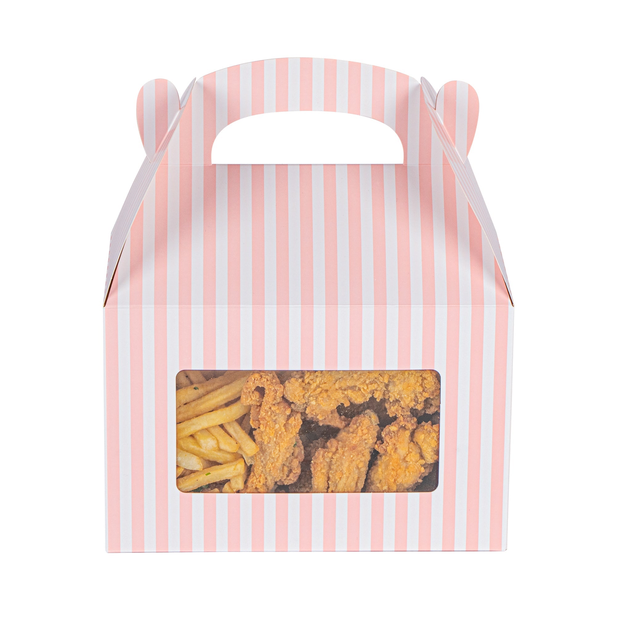 Bio Tek Pink and White Stripe Paper Gable Box / Take Out Container - with Window - 8 1/2" x 4 3/4" x 5 1/2" - 100 count box