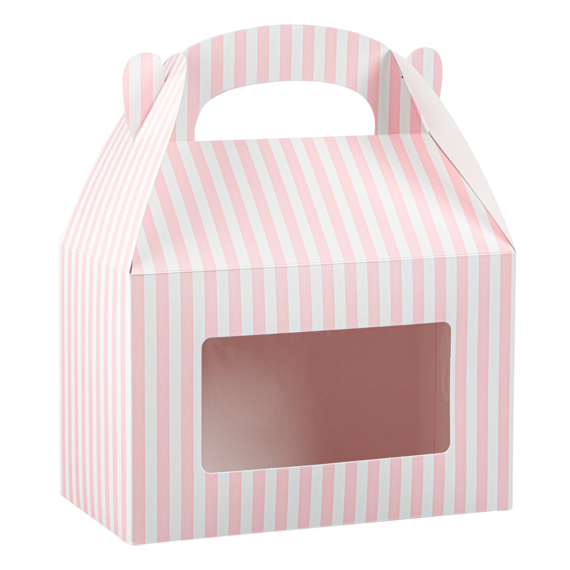 Bio Tek Pink and White Stripe Paper Gable Box / Take Out Container - with Window - 8 1/2" x 4 3/4" x 5 1/2" - 100 count box