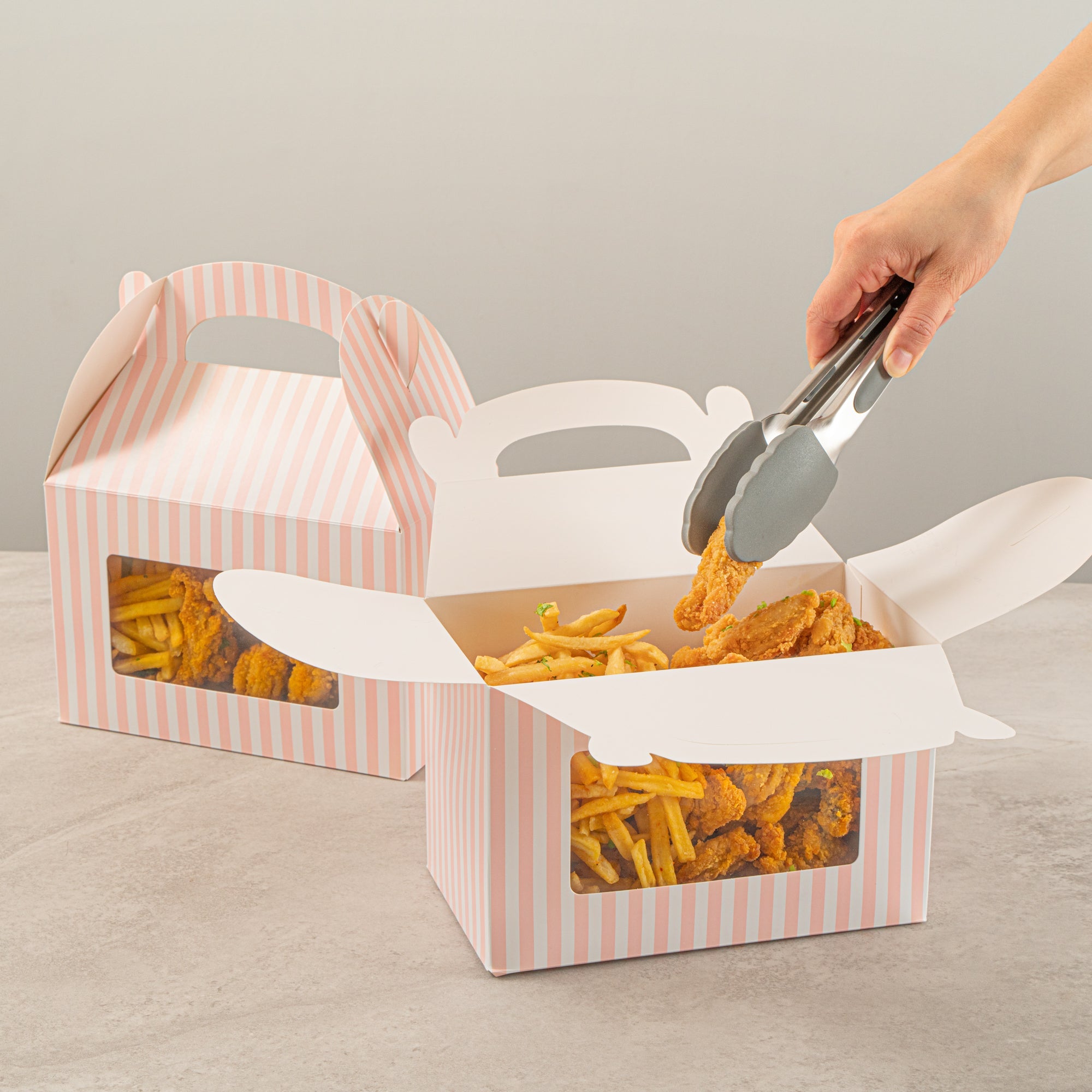 Bio Tek Pink and White Stripe Paper Gable Box / Take Out Container - with Window - 8 1/2" x 4 3/4" x 5 1/2" - 100 count box