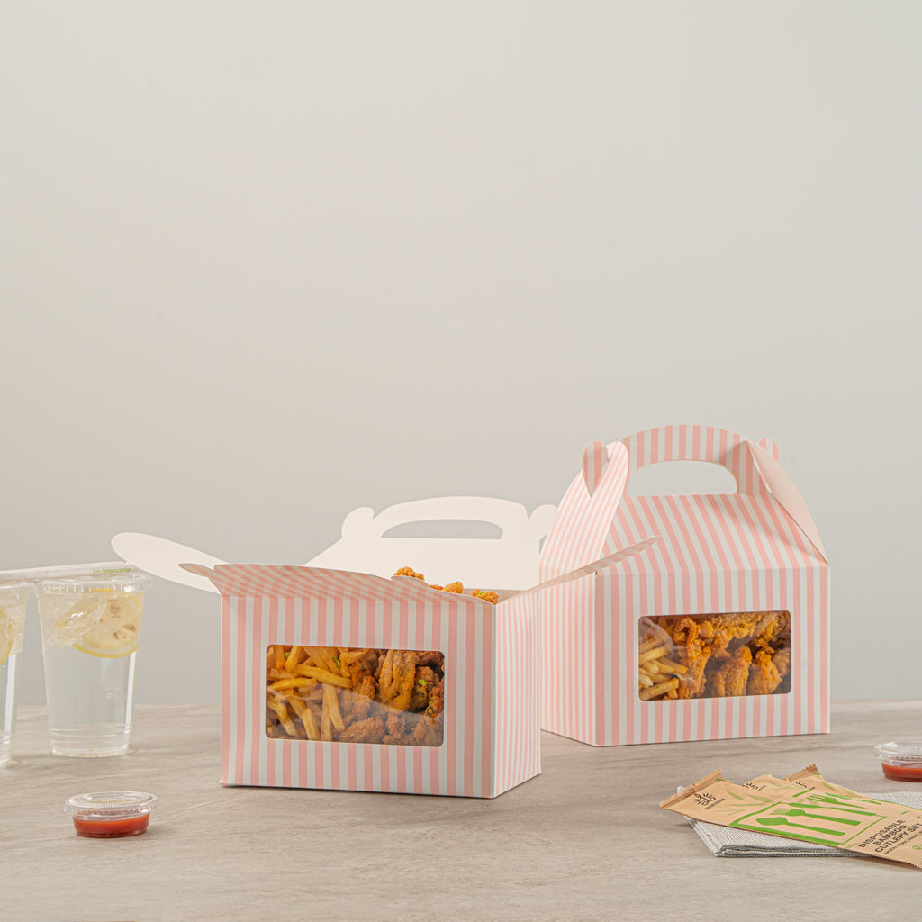 Bio Tek Pink and White Stripe Paper Gable Box / Take Out Container - with Window - 8 1/2" x 4 3/4" x 5 1/2" - 100 count box