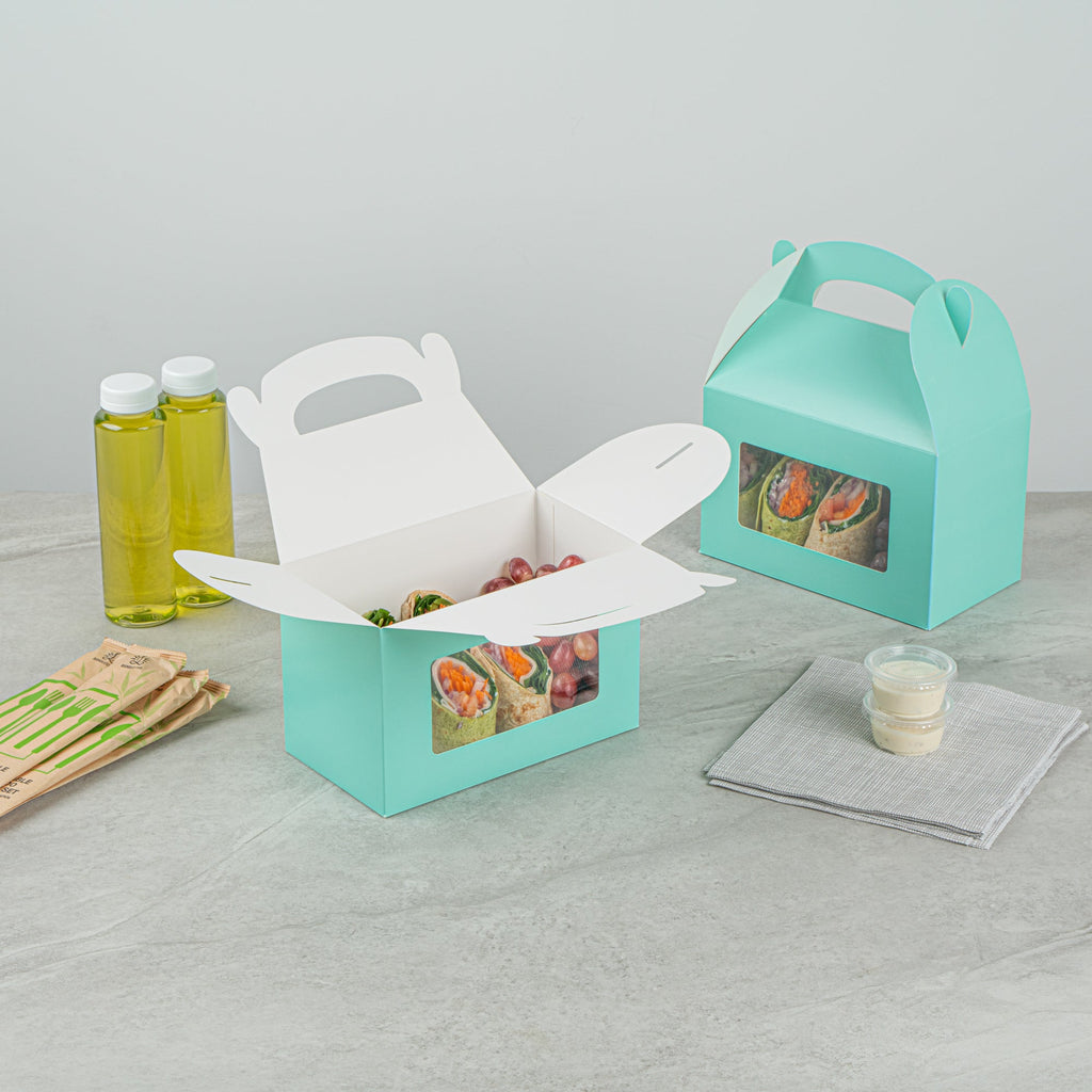 Bio Tek Turquoise Paper Gable Box / Take Out Container - with Window - 8 1/2" x 4 3/4" x 5 1/2" - 25 count box