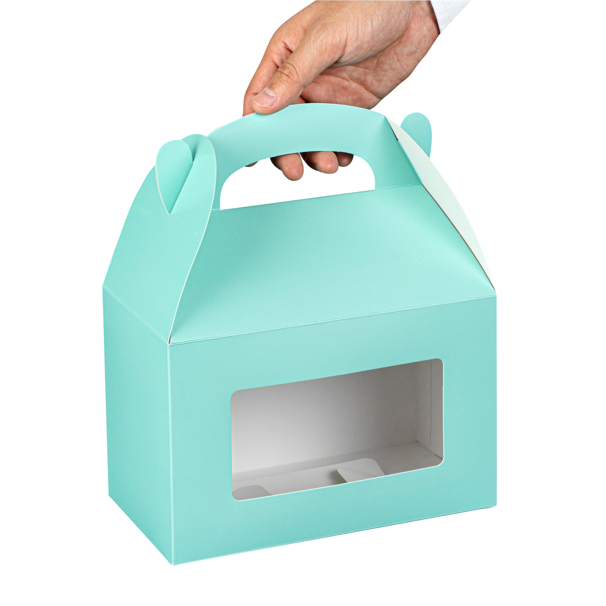 Bio Tek Turquoise Paper Gable Box / Take Out Container - with Window - 8 1/2" x 4 3/4" x 5 1/2" - 25 count box