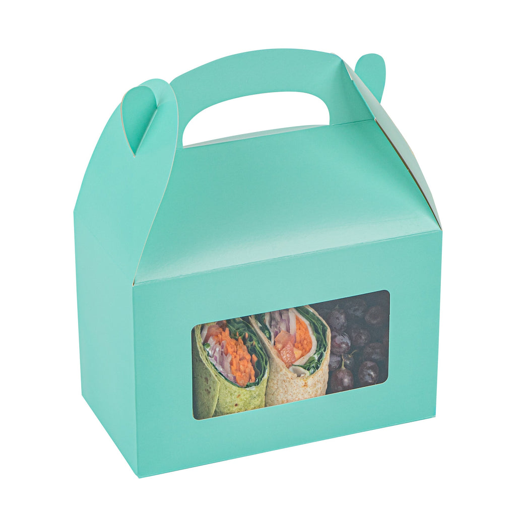 Bio Tek Turquoise Paper Gable Box / Take Out Container - with Window - 8 1/2" x 4 3/4" x 5 1/2" - 25 count box