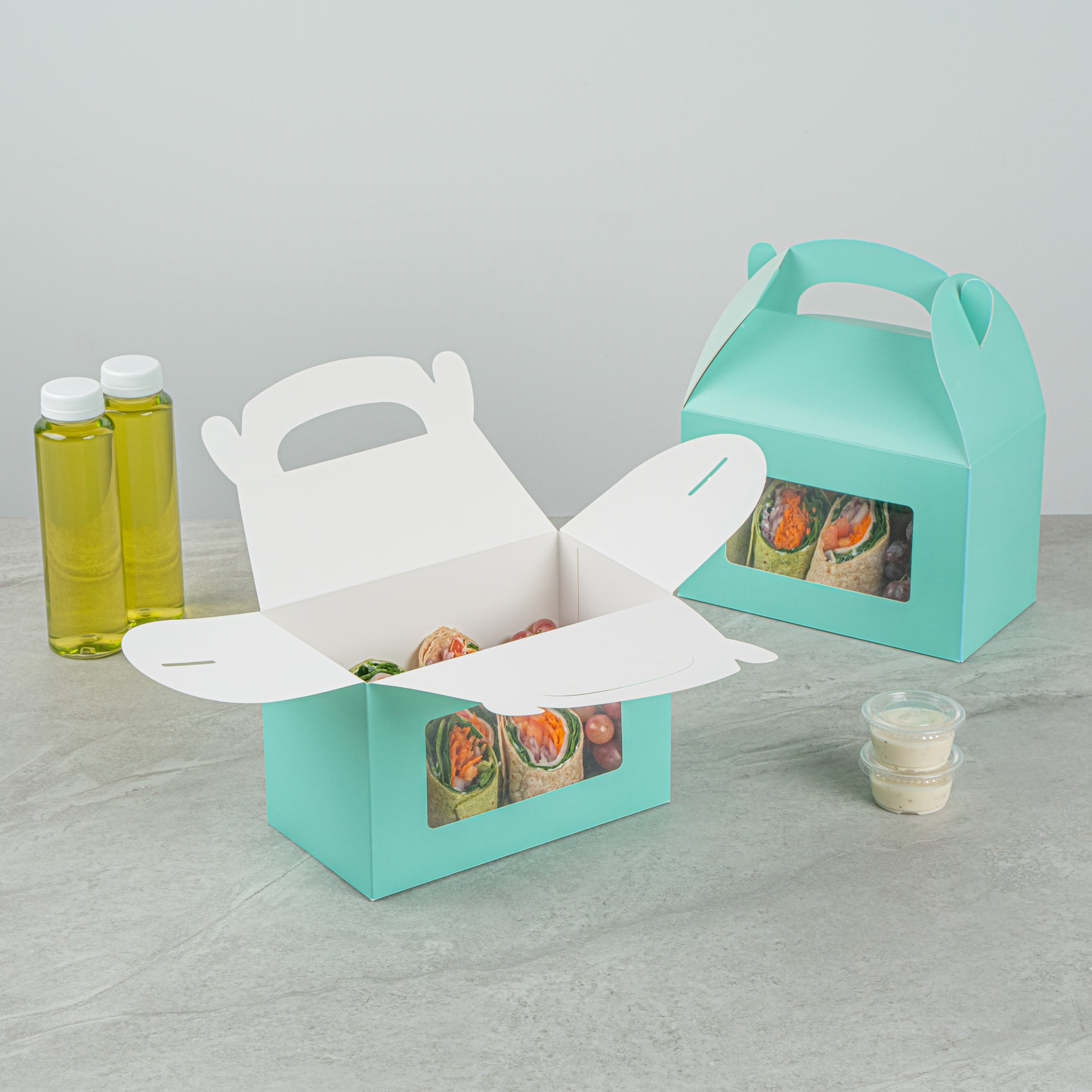 Bio Tek Turquoise Paper Gable Box / Take Out Container - with Window - 8 1/2" x 4 3/4" x 5 1/2" - 25 count box