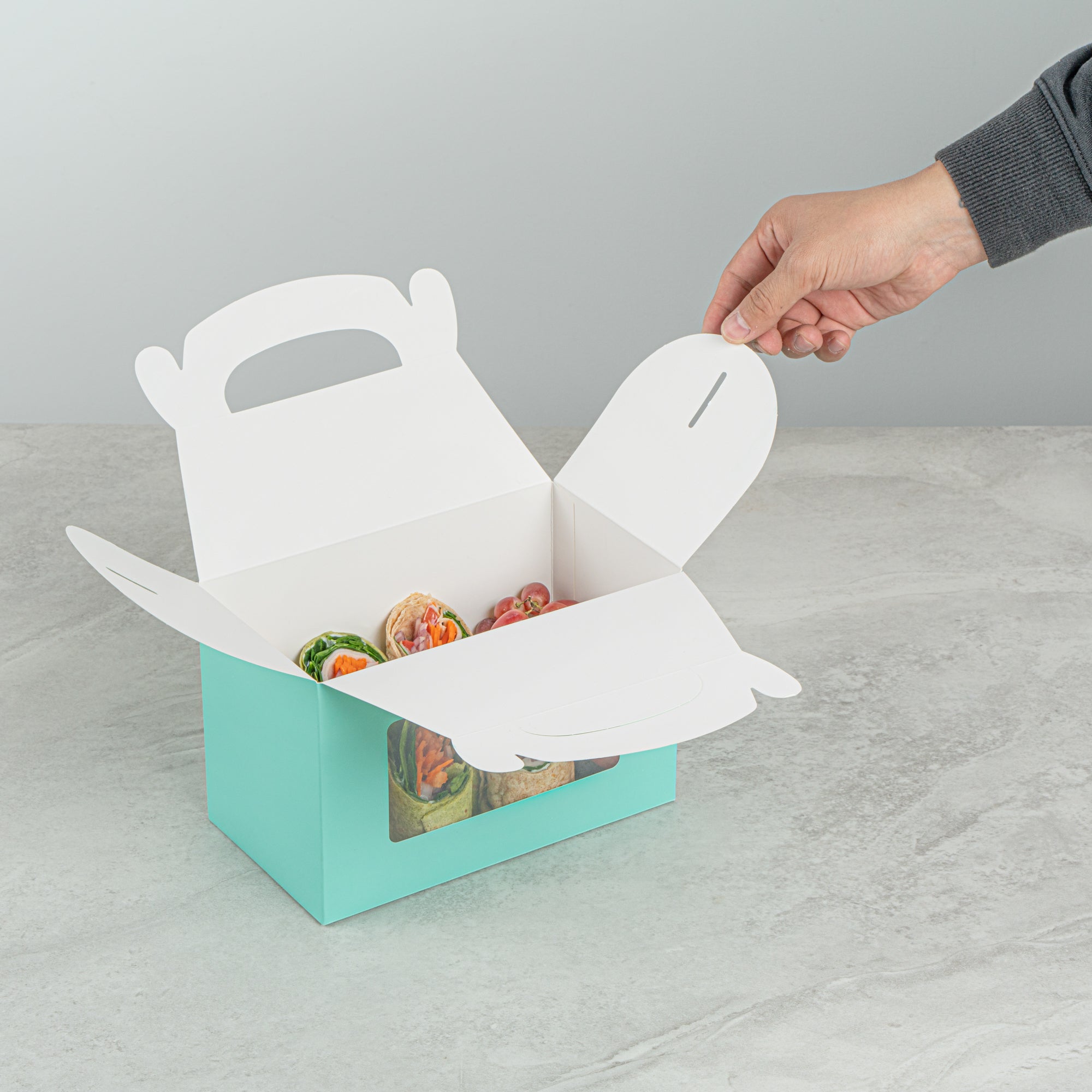 Bio Tek Turquoise Paper Gable Box / Take Out Container - with Window - 8 1/2" x 4 3/4" x 5 1/2" - 25 count box