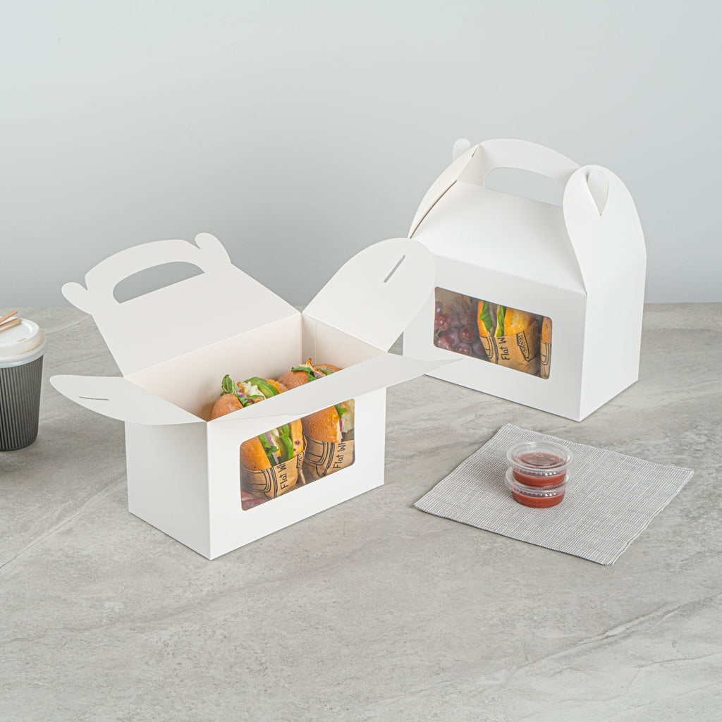 Bio Tek White Paper Gable Box / Take Out Container - Greaseproof, with Window - 8 1/2" x 4 3/4" x 5 1/2" - 100 count box