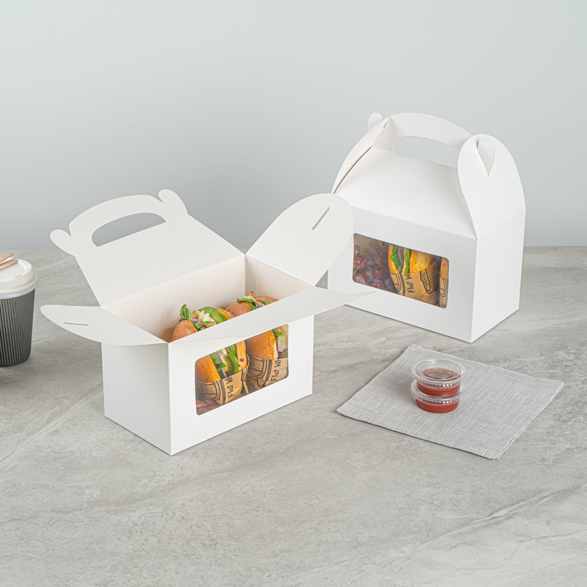 Bio Tek White Paper Gable Box / Take Out Container - Greaseproof, with Window - 8 1/2" x 4 3/4" x 5 1/2" - 100 count box