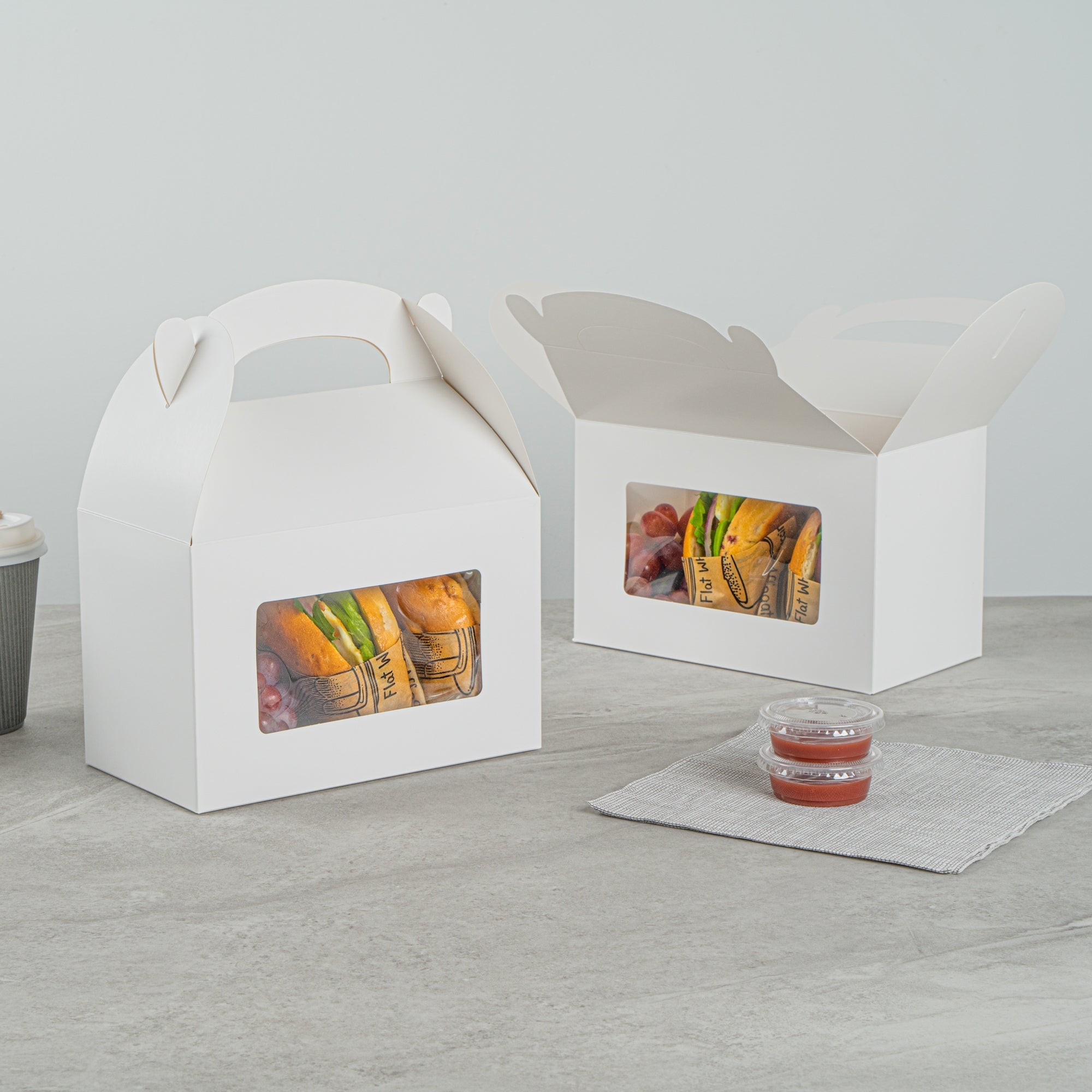 Bio Tek White Paper Gable Box / Take Out Container - Greaseproof, with Window - 8 1/2" x 4 3/4" x 5 1/2" - 100 count box