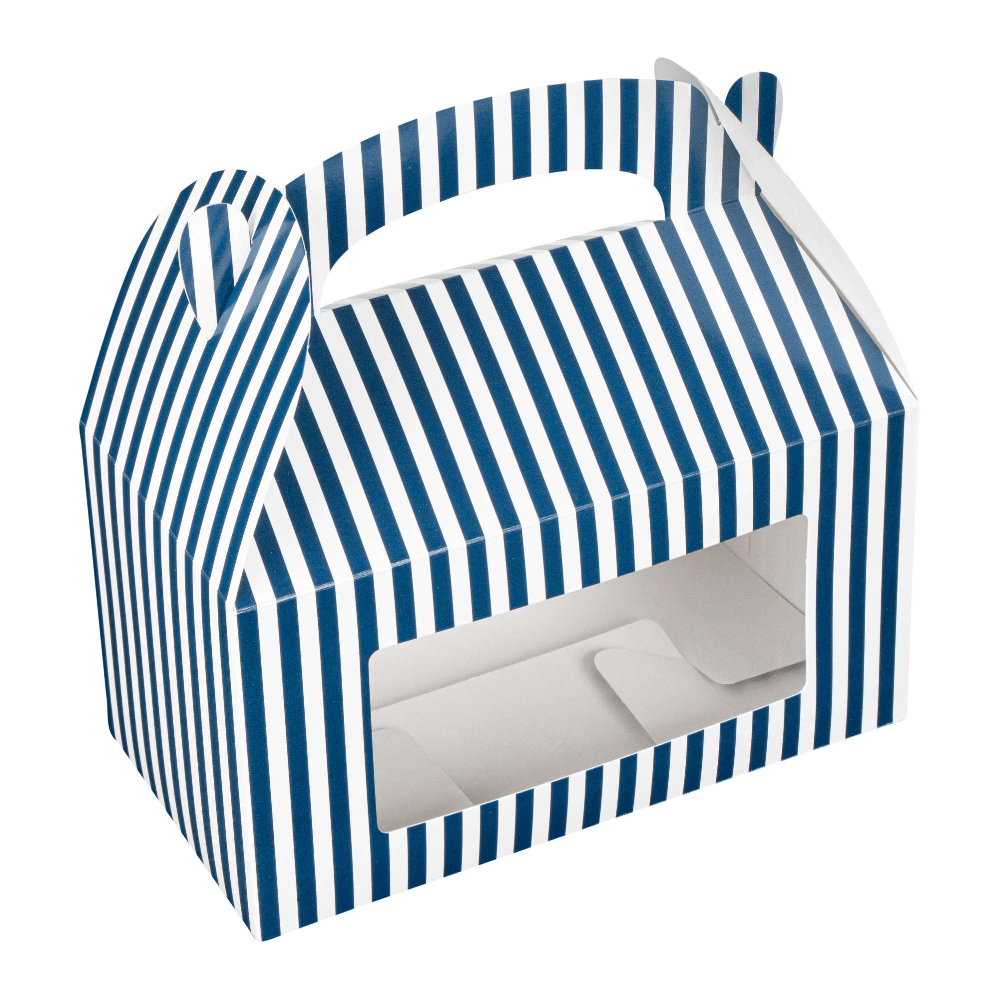 Bio Tek Blue and White Stripe Paper Gable Box / Take Out Container - with Window - 9 1/2" x 5" x 5" - 25 count box
