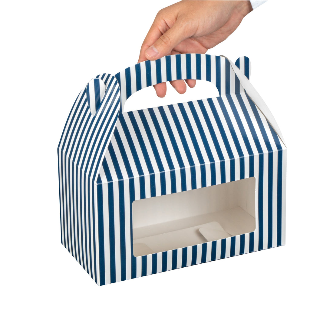 Bio Tek Blue and White Stripe Paper Gable Box / Take Out Container - with Window - 9 1/2" x 5" x 5" - 25 count box