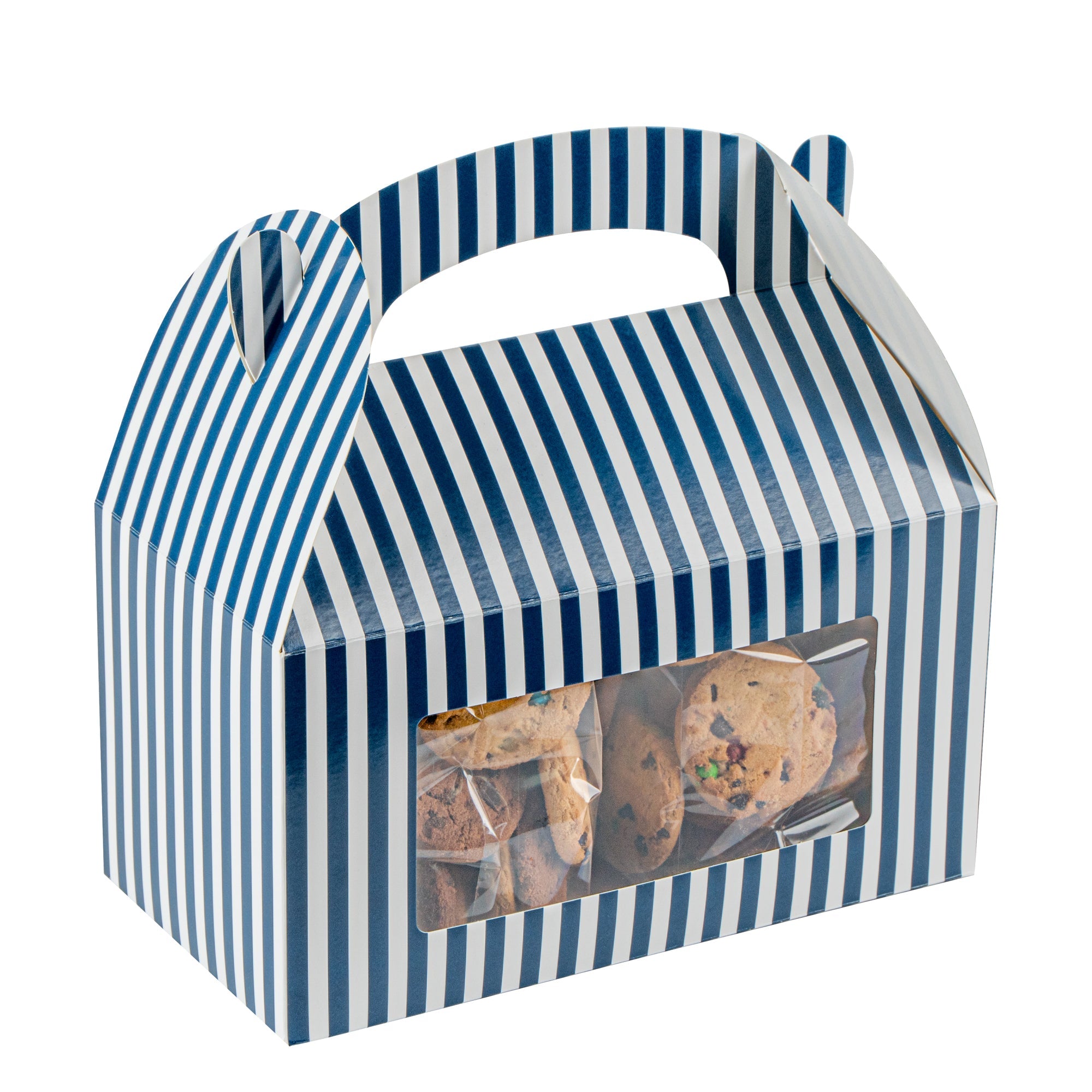 Bio Tek Blue and White Stripe Paper Gable Box / Take Out Container - with Window - 9 1/2" x 5" x 5" - 25 count box