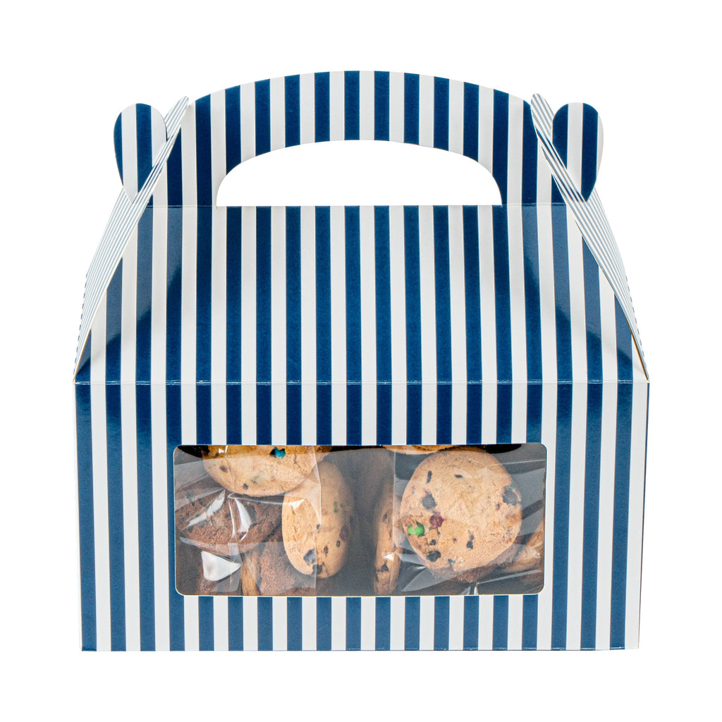 Bio Tek Blue and White Stripe Paper Gable Box / Take Out Container - with Window - 9 1/2" x 5" x 5" - 25 count box