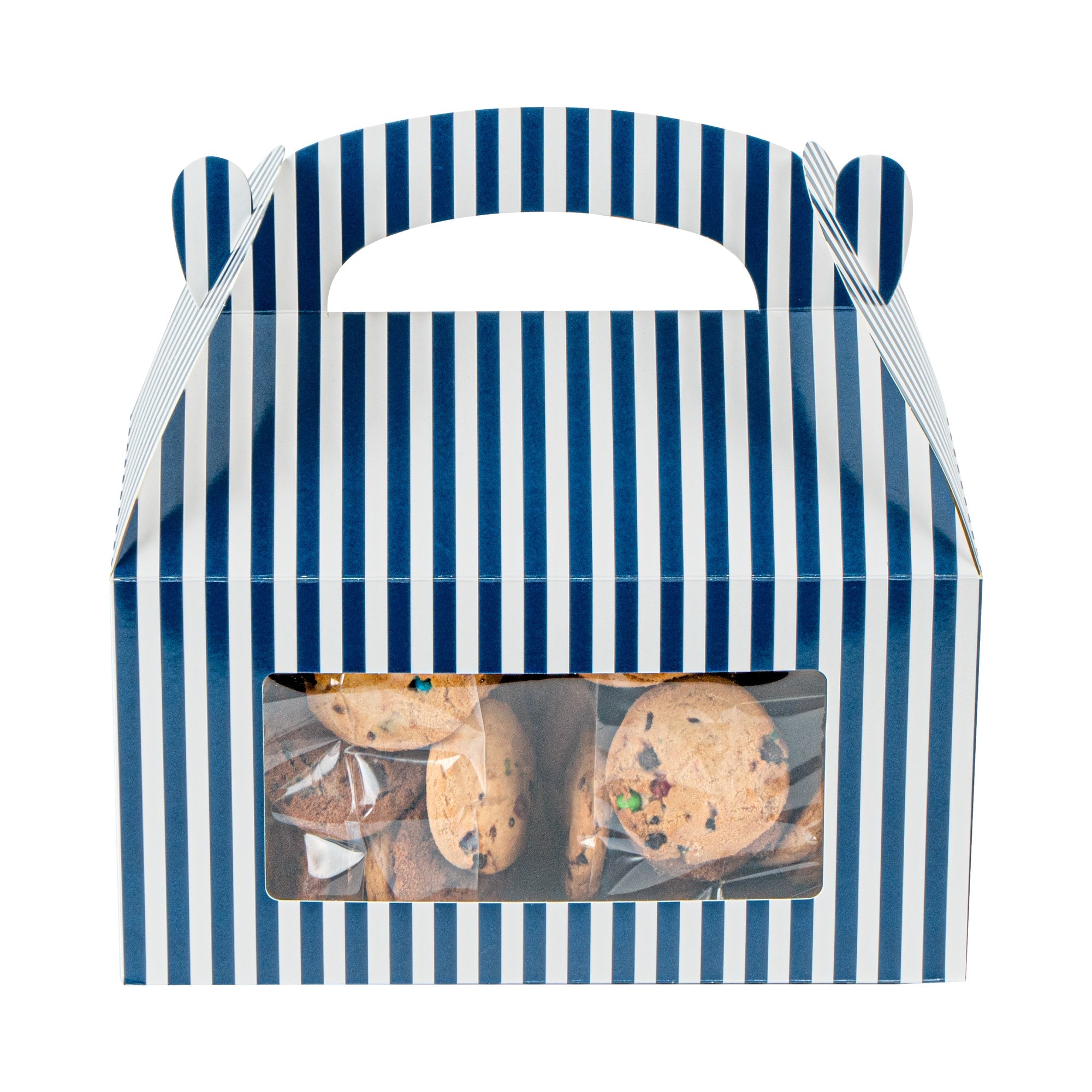 Bio Tek Blue and White Stripe Paper Gable Box / Take Out Container - with Window - 9 1/2" x 5" x 5" - 25 count box
