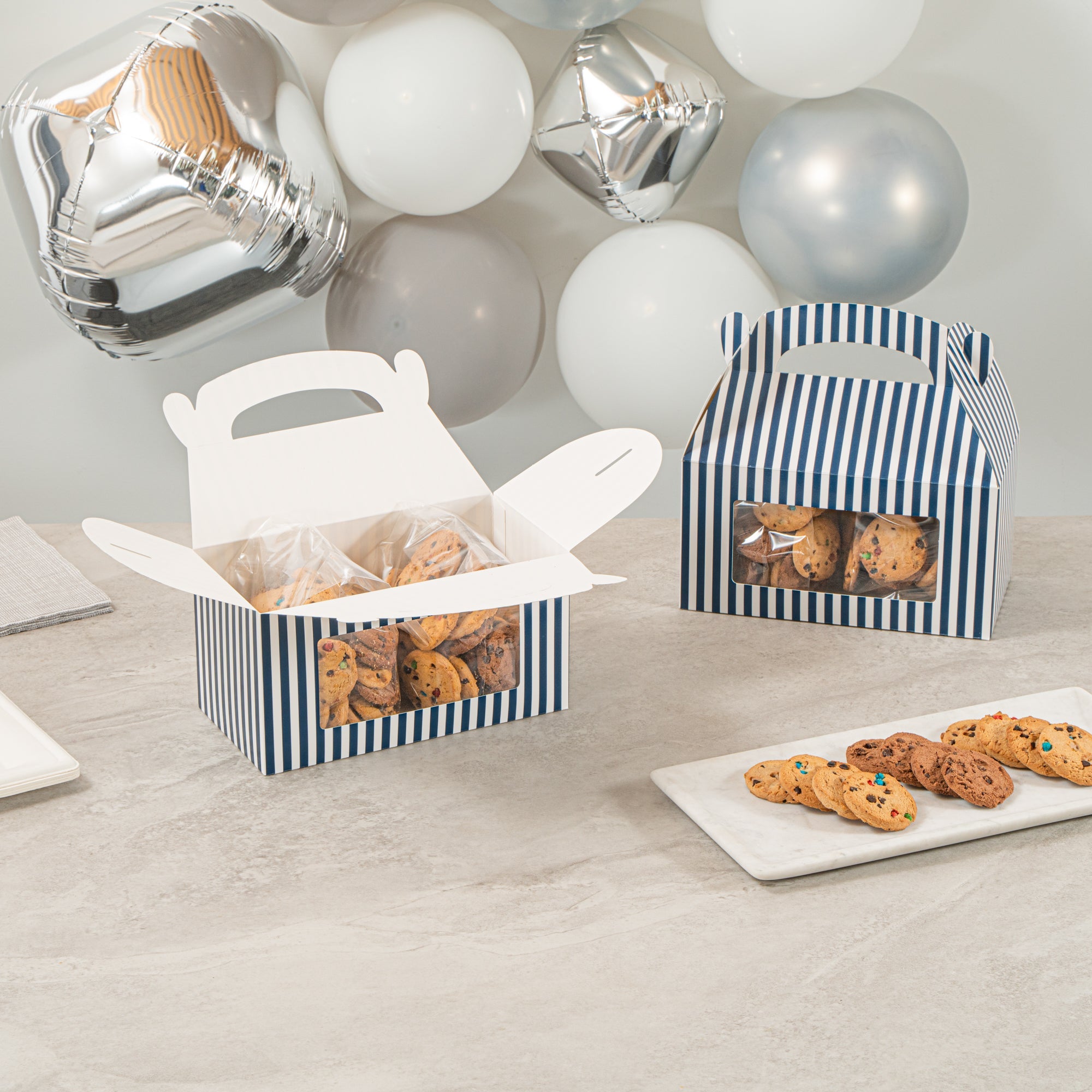 Bio Tek Blue and White Stripe Paper Gable Box / Take Out Container - with Window - 9 1/2" x 5" x 5" - 25 count box