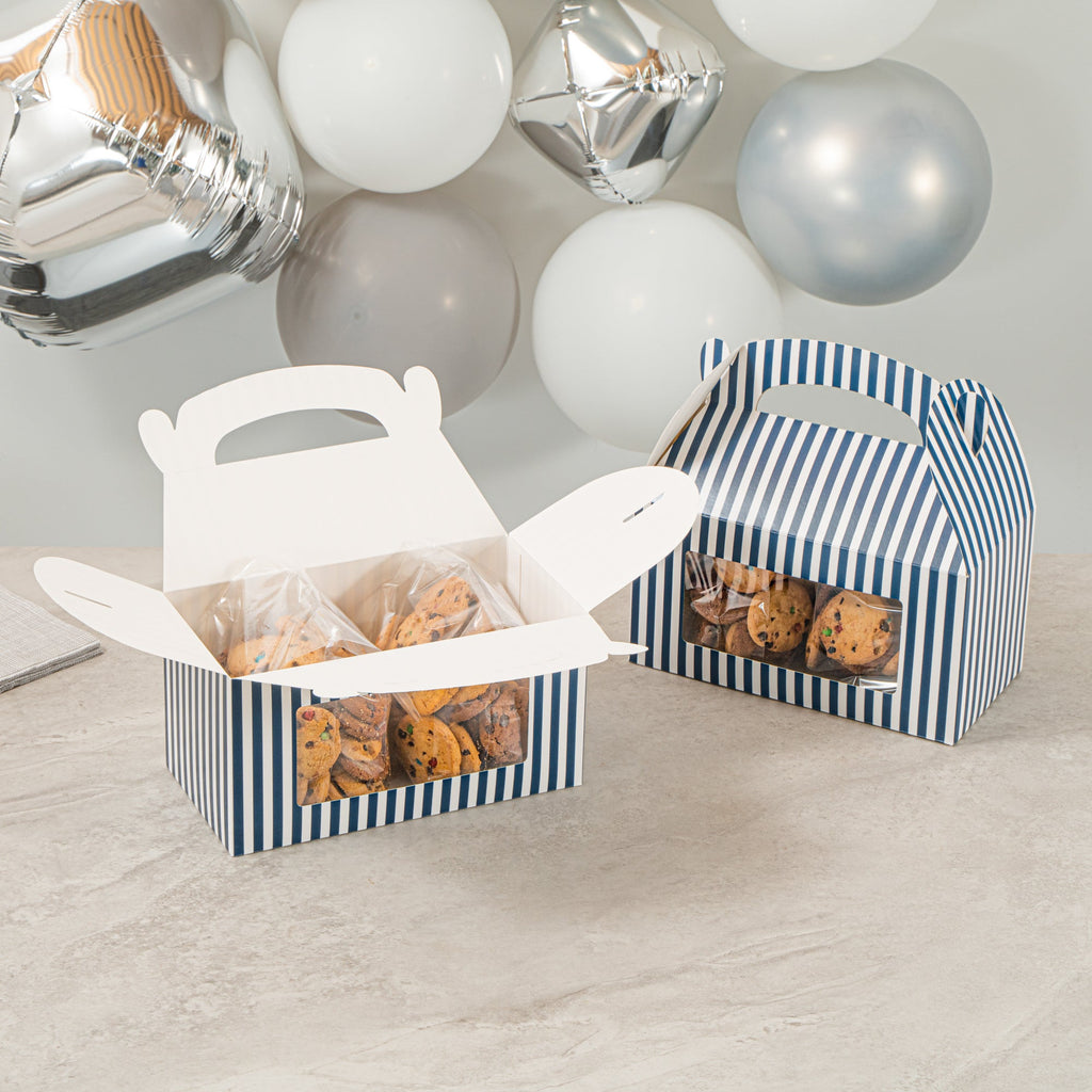 Bio Tek Blue and White Stripe Paper Gable Box / Take Out Container - with Window - 9 1/2" x 5" x 5" - 25 count box