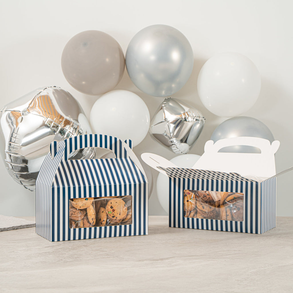 Bio Tek Blue and White Stripe Paper Gable Box / Take Out Container - with Window - 9 1/2" x 5" x 5" - 25 count box
