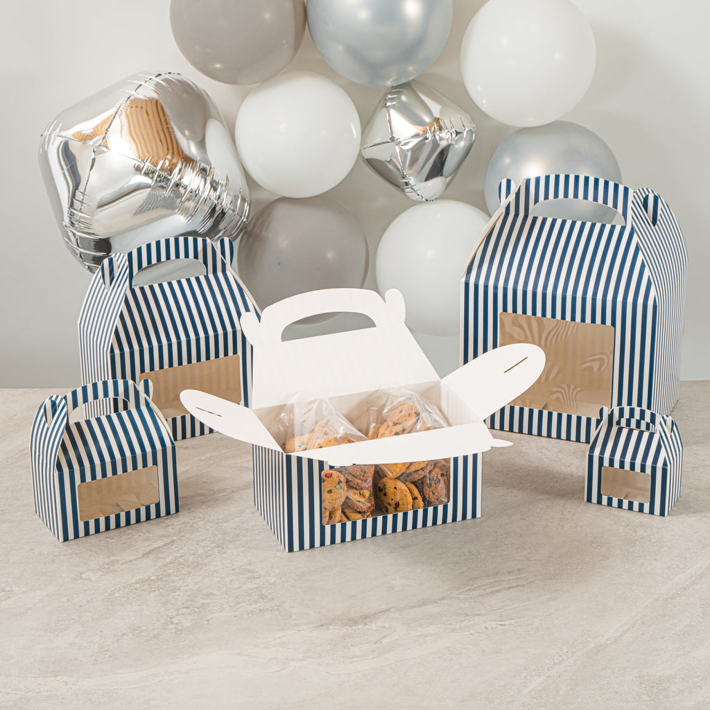 Bio Tek Blue and White Stripe Paper Gable Box / Take Out Container - with Window - 9 1/2" x 5" x 5" - 25 count box