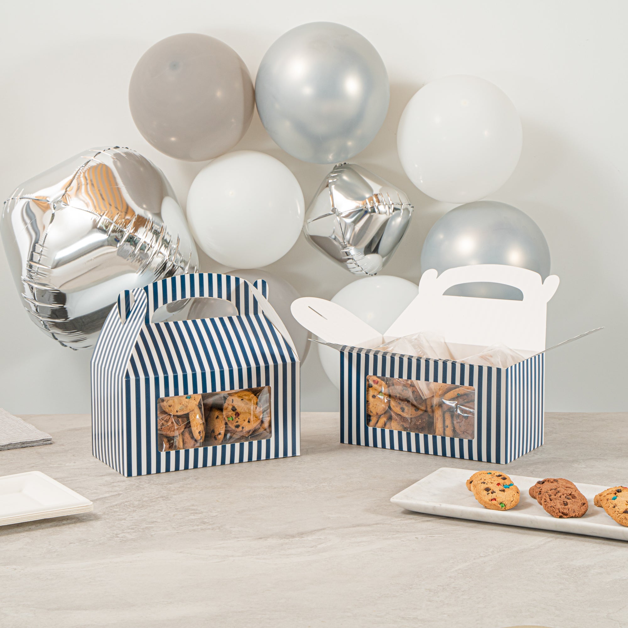 Bio Tek Blue and White Stripe Paper Gable Box / Take Out Container - with Window - 9 1/2" x 5" x 5" - 100 count box