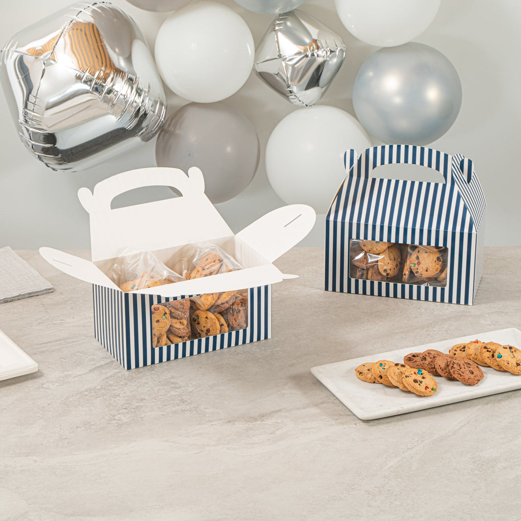 Bio Tek Blue and White Stripe Paper Gable Box / Take Out Container - with Window - 9 1/2" x 5" x 5" - 100 count box