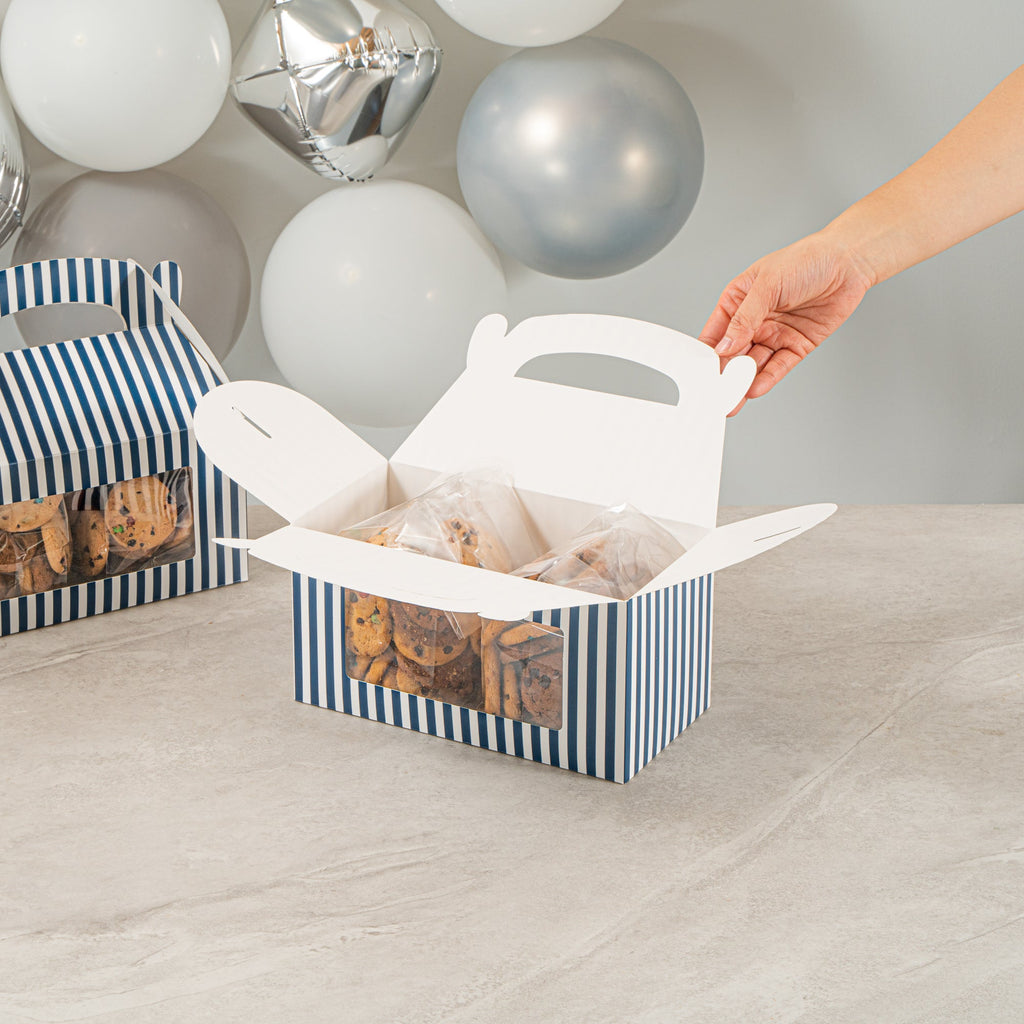 Bio Tek Blue and White Stripe Paper Gable Box / Take Out Container - with Window - 9 1/2" x 5" x 5" - 100 count box