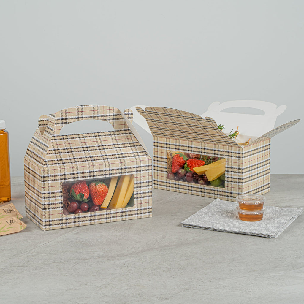 Bio Tek Plaid Paper Gable Box / Take Out Container - with Window - 9 1/2" x 5" x 5" - 25 count box