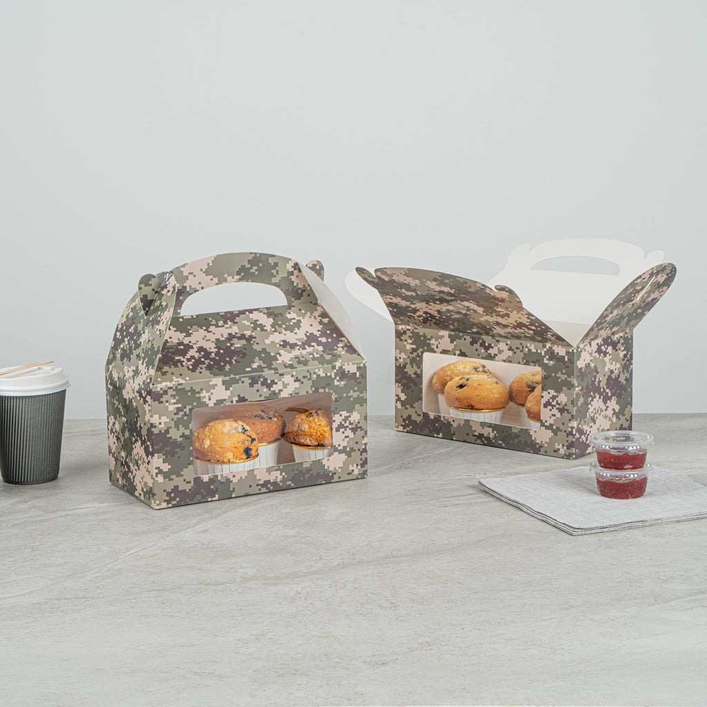 Bio Tek Camouflage Paper Gable Box / Take Out Container - with Window - 9 1/2" x 5" x 5" - 25 count box