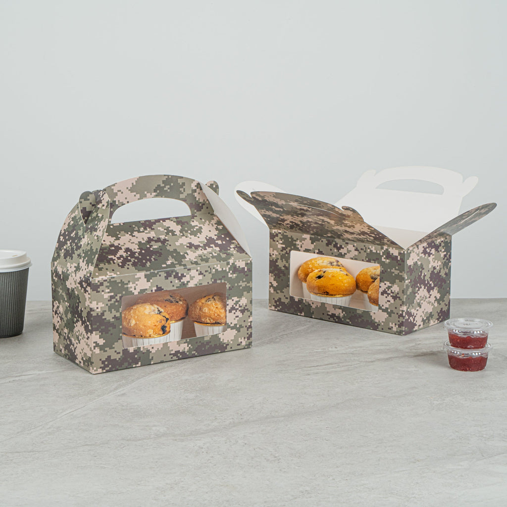 Bio Tek Camouflage Paper Gable Box / Take Out Container - with Window - 9 1/2" x 5" x 5" - 25 count box