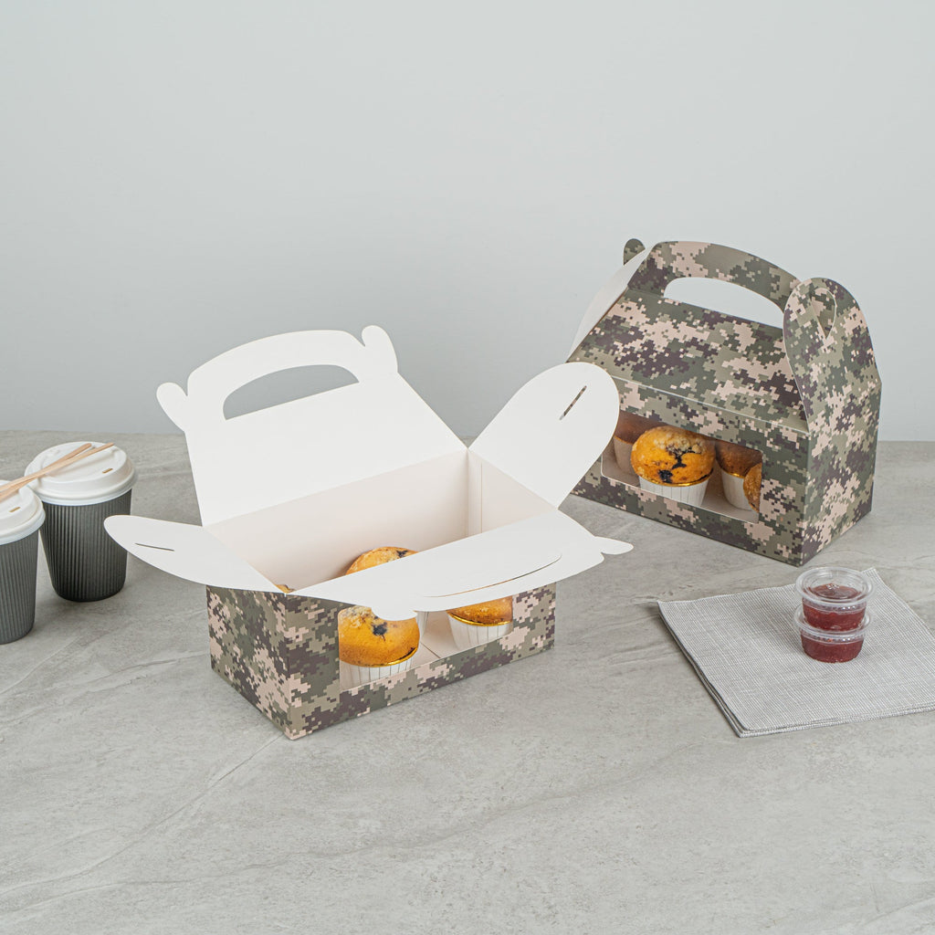 Bio Tek Camouflage Paper Gable Box / Take Out Container - with Window - 9 1/2" x 5" x 5" - 100 count box