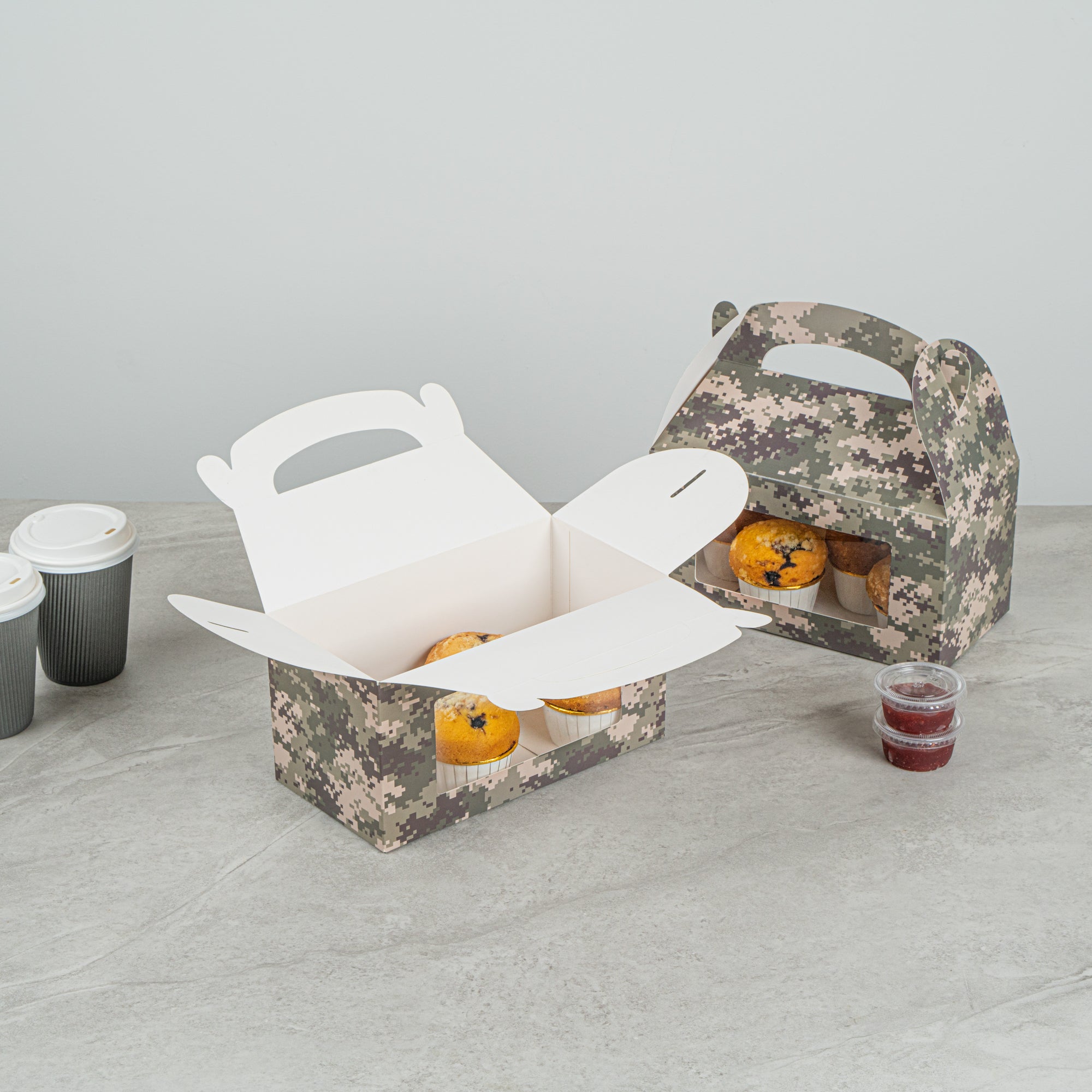 Bio Tek Camouflage Paper Gable Box / Take Out Container - with Window - 9 1/2" x 5" x 5" - 100 count box