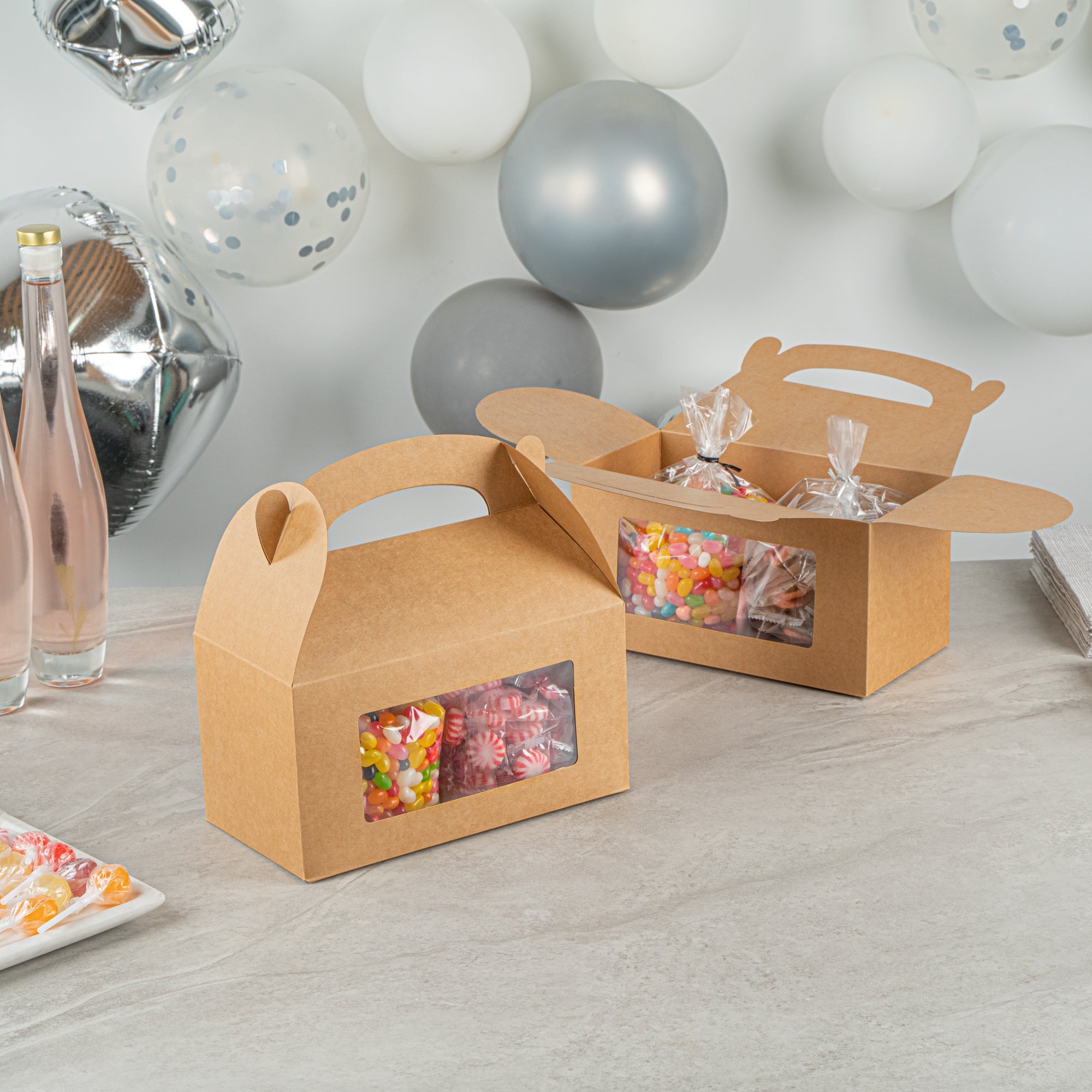 Bio Tek Kraft Paper Gable Box / Take Out Container - Greaseproof, with Window - 9 1/2" x 5" x 5" - 25 count box