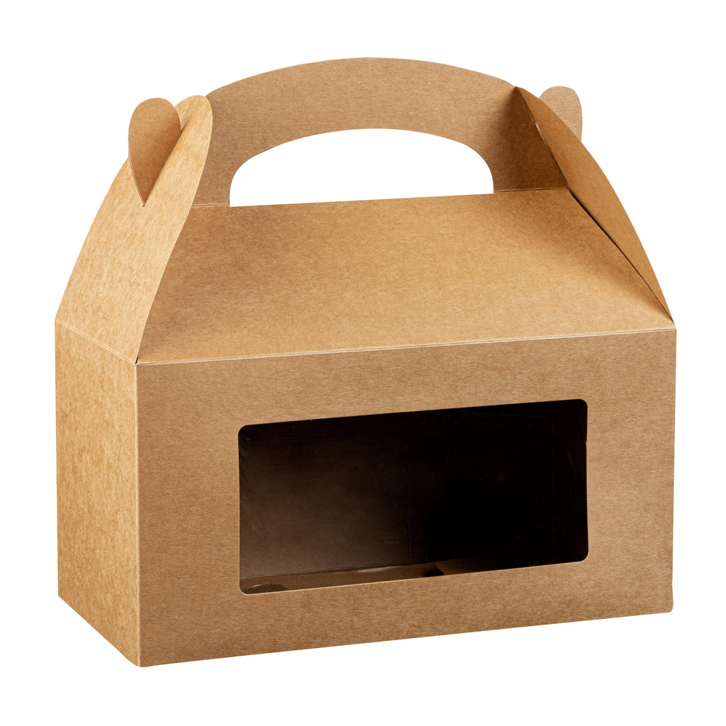 Bio Tek Kraft Paper Gable Box / Take Out Container - Greaseproof, with Window - 9 1/2" x 5" x 5" - 25 count box