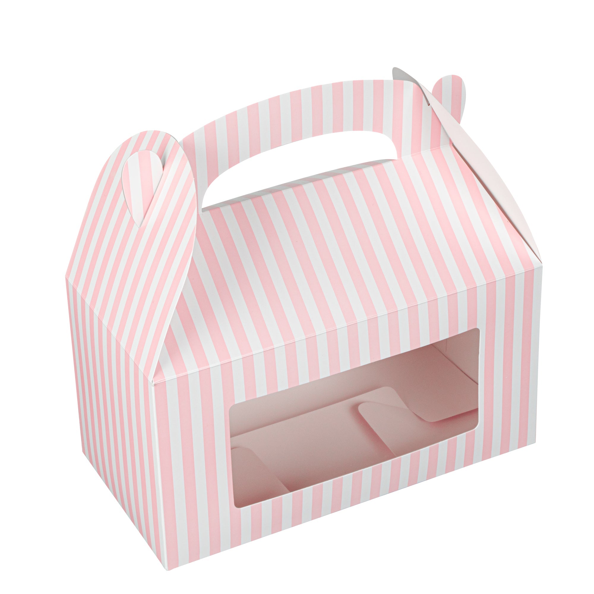 Bio Tek Pink and White Stripe Paper Gable Box / Take Out Container - with Window - 9 1/2" x 5" x 5" - 100 count box