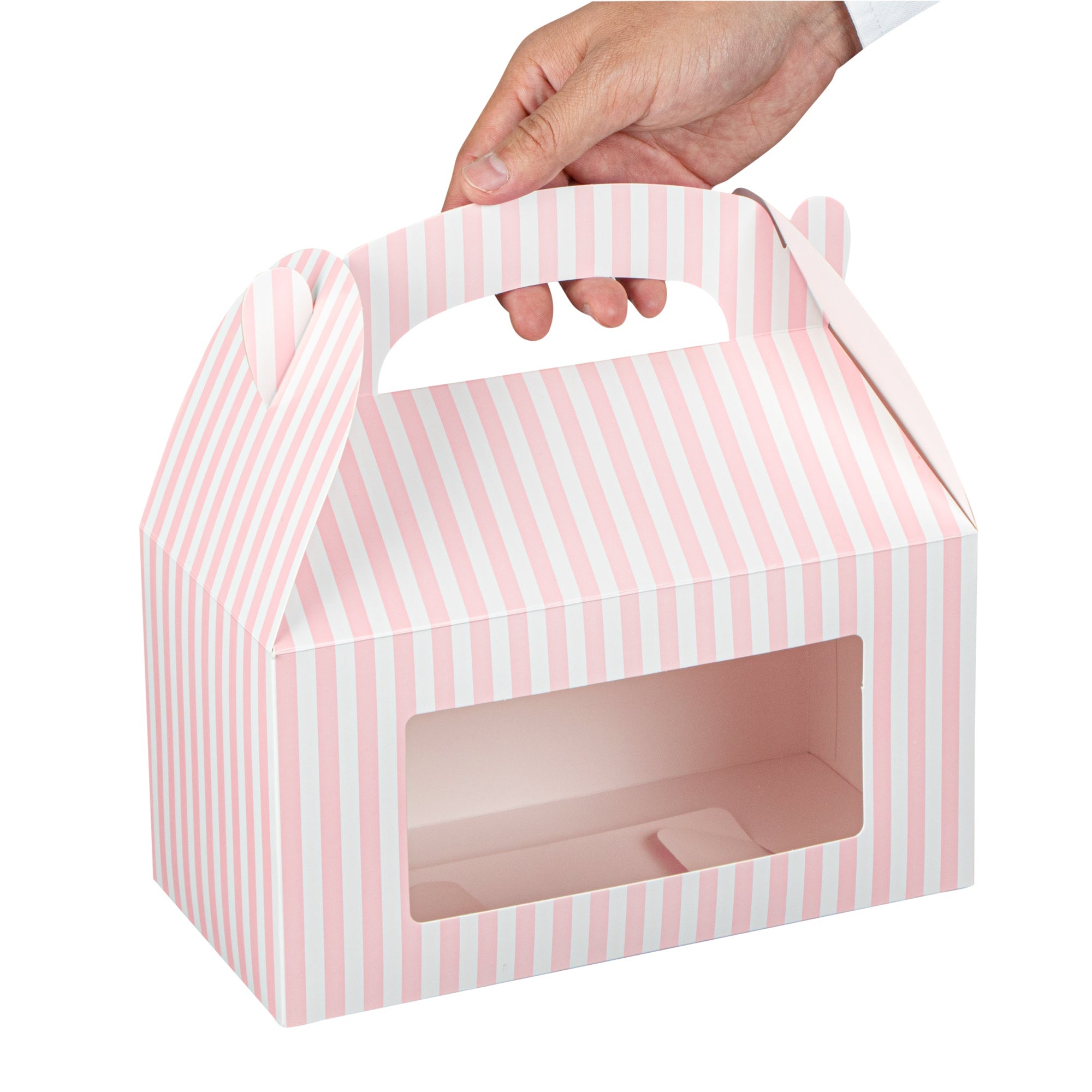 Bio Tek Pink and White Stripe Paper Gable Box / Take Out Container - with Window - 9 1/2" x 5" x 5" - 25 count box