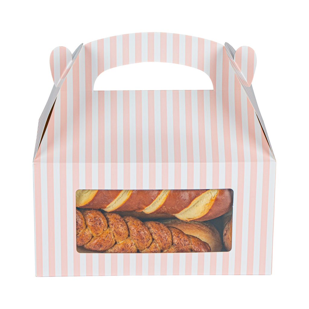 Bio Tek Pink and White Stripe Paper Gable Box / Take Out Container - with Window - 9 1/2" x 5" x 5" - 25 count box