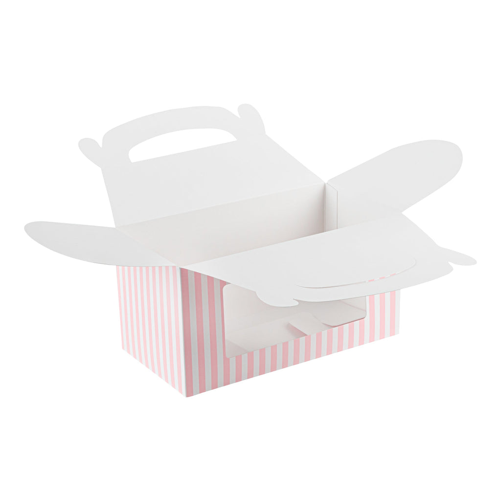 Bio Tek Pink and White Stripe Paper Gable Box / Take Out Container - with Window - 9 1/2" x 5" x 5" - 25 count box