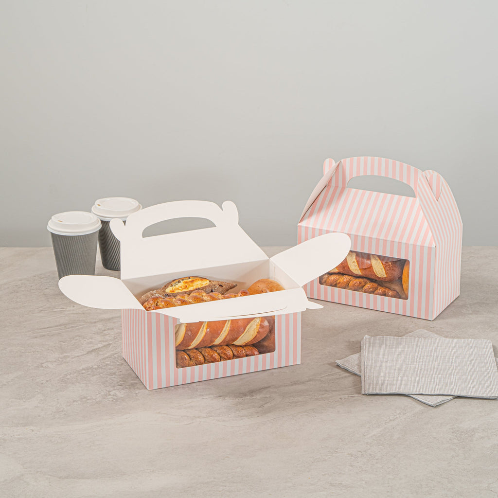 Bio Tek Pink and White Stripe Paper Gable Box / Take Out Container - with Window - 9 1/2" x 5" x 5" - 25 count box
