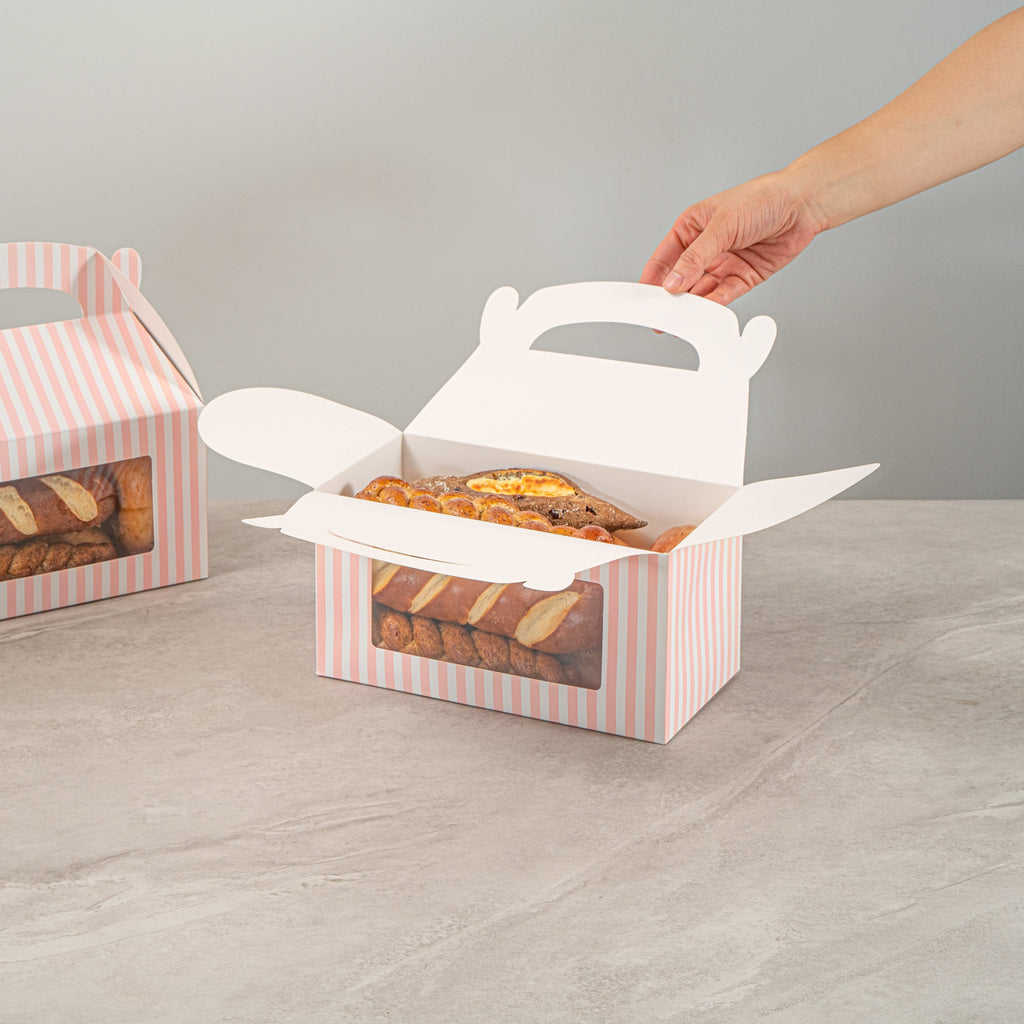 Bio Tek Pink and White Stripe Paper Gable Box / Take Out Container - with Window - 9 1/2" x 5" x 5" - 25 count box