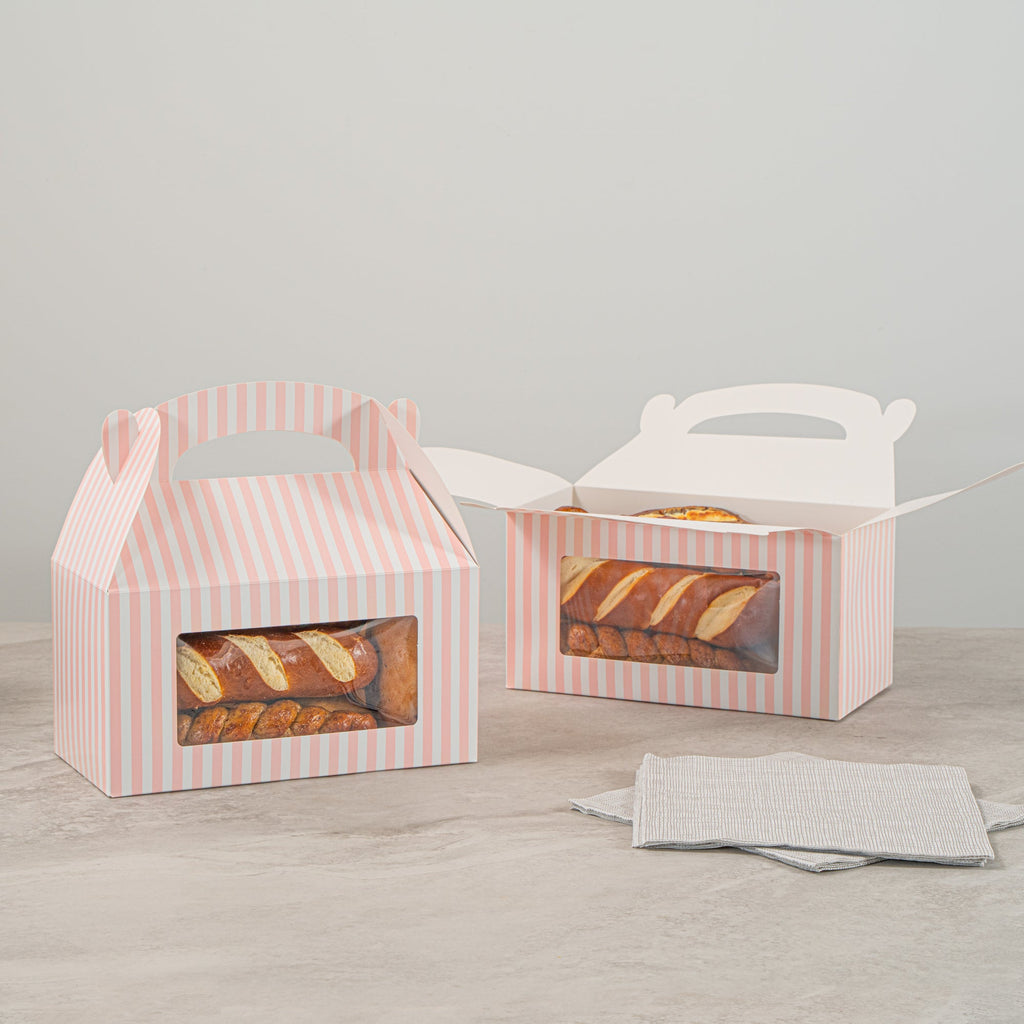 Bio Tek Pink and White Stripe Paper Gable Box / Take Out Container - with Window - 9 1/2" x 5" x 5" - 25 count box