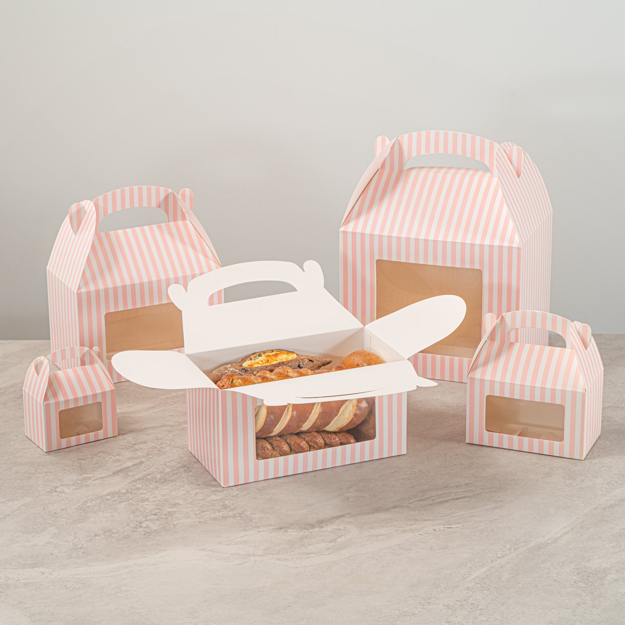 Bio Tek Pink and White Stripe Paper Gable Box / Take Out Container - with Window - 9 1/2" x 5" x 5" - 25 count box