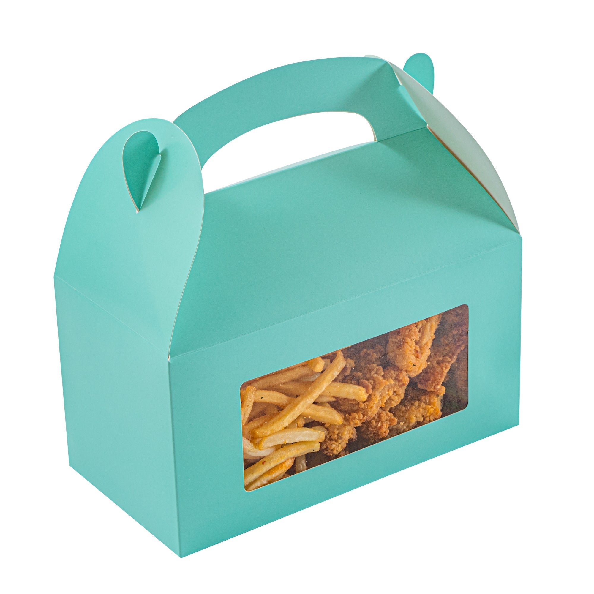 Bio Tek Turquoise Paper Gable Box / Take Out Container - with Window - 9 1/2" x 5" x 5" - 25 count box