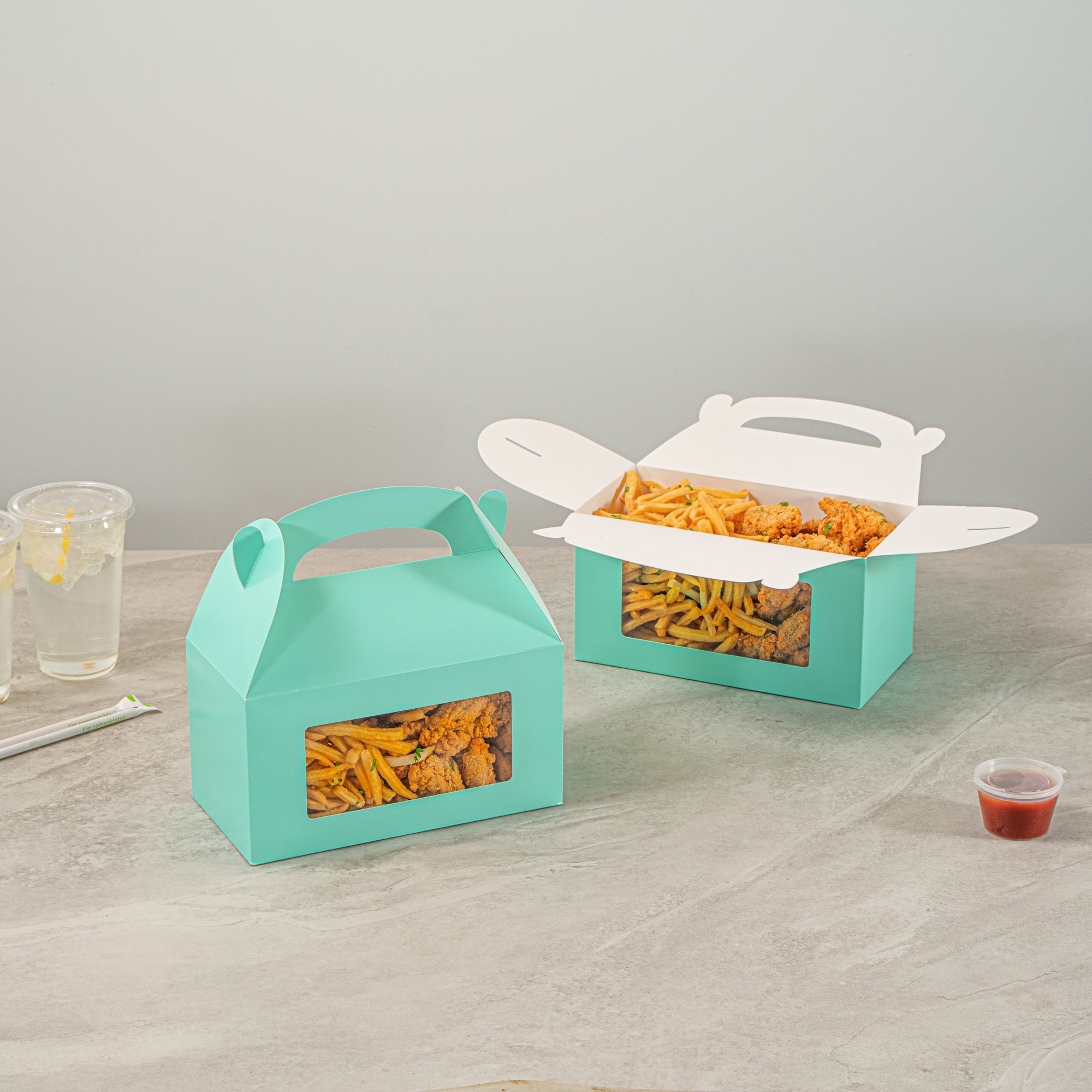 Bio Tek Turquoise Paper Gable Box / Take Out Container - with Window - 9 1/2" x 5" x 5" - 25 count box